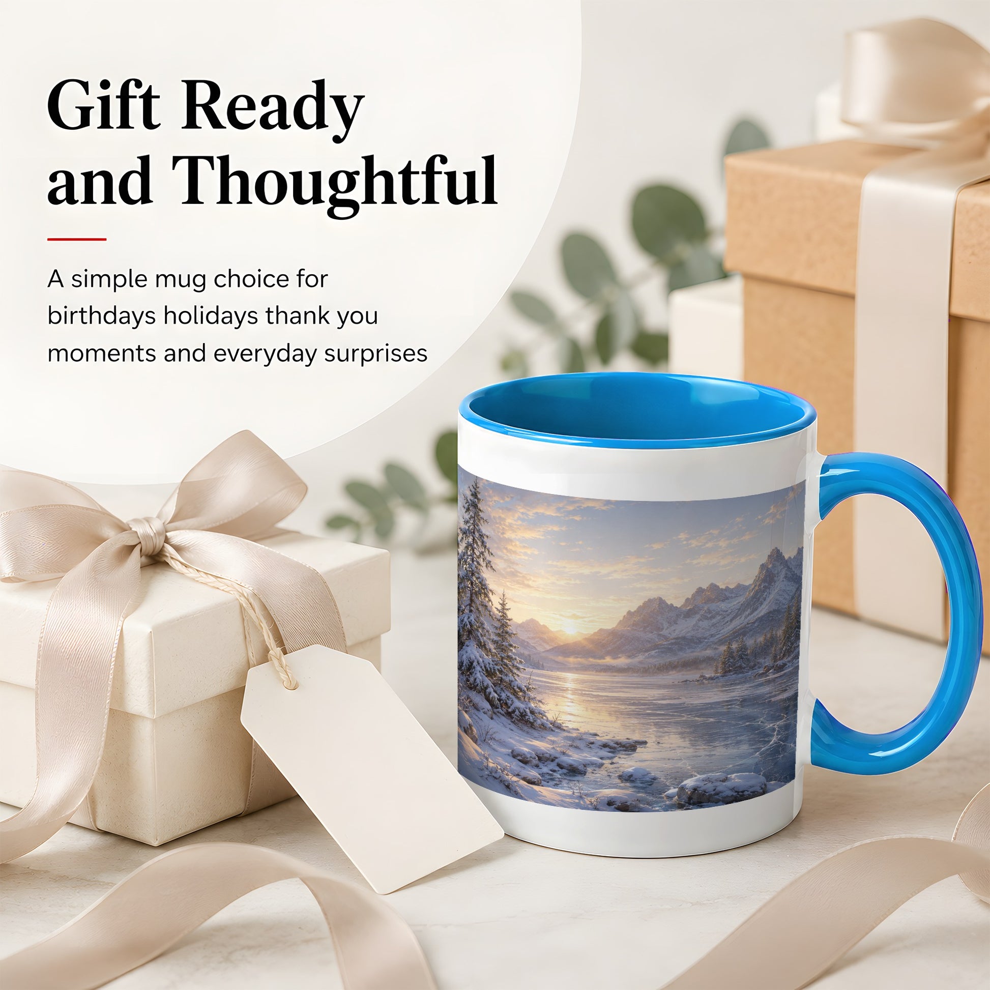 #pl[11oz|Blue] Winter Mountain Sunrise Ceramic Mug, Frozen Lake Landscape