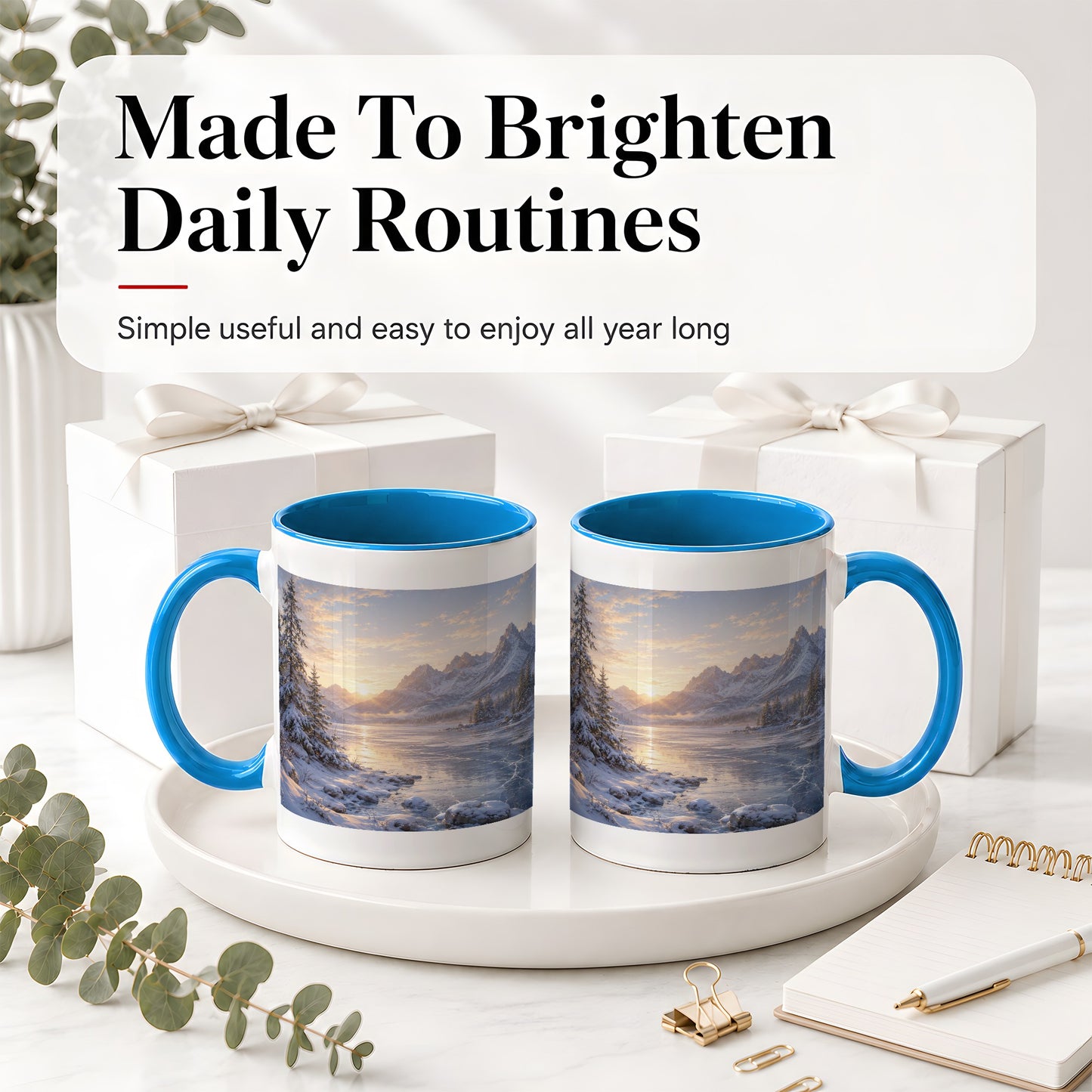 #pl[11oz|Blue] Winter Mountain Sunrise Ceramic Mug, Frozen Lake Landscape