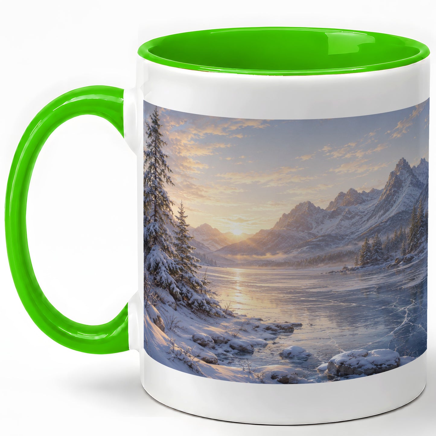#pl[11oz|Green] Winter Mountain Sunrise Ceramic Mug, Frozen Lake Landscape