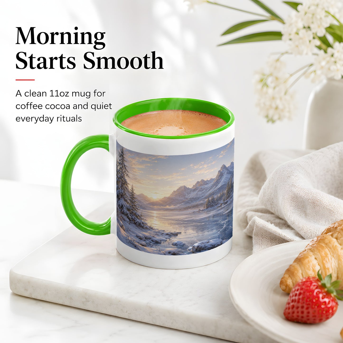 #pl[11oz|Green] Winter Mountain Sunrise Ceramic Mug, Frozen Lake Landscape