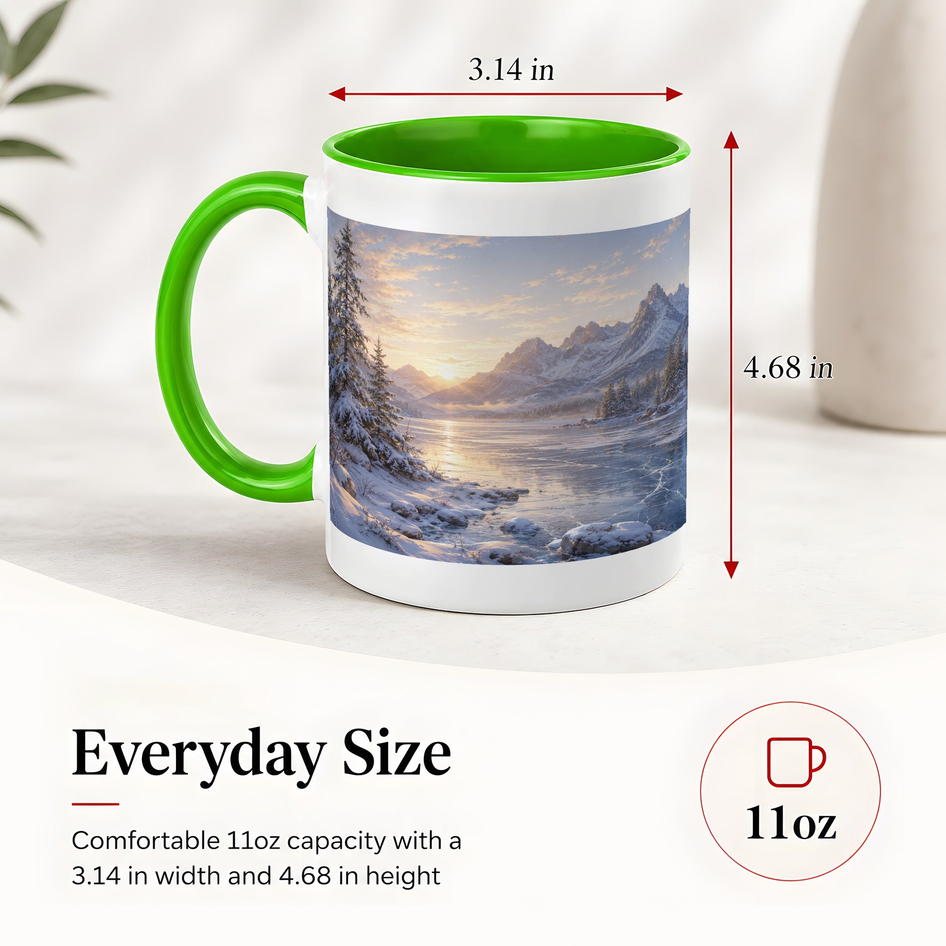 #pl[11oz|Green] Winter Mountain Sunrise Ceramic Mug, Frozen Lake Landscape