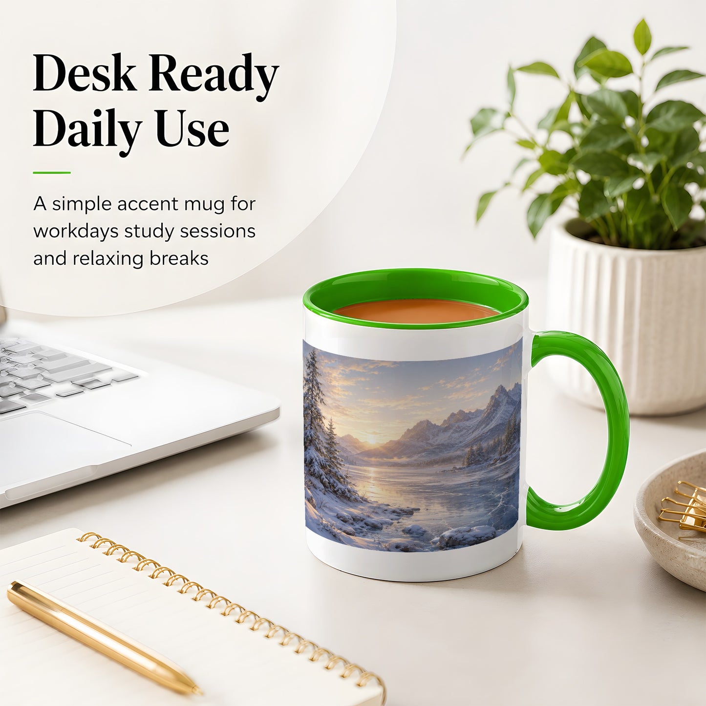 #pl[11oz|Green] Winter Mountain Sunrise Ceramic Mug, Frozen Lake Landscape