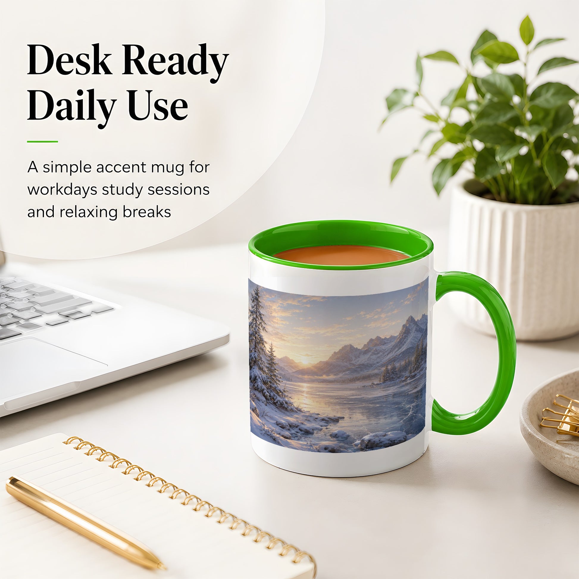 #pl[11oz|Green] Winter Mountain Sunrise Ceramic Mug, Frozen Lake Landscape