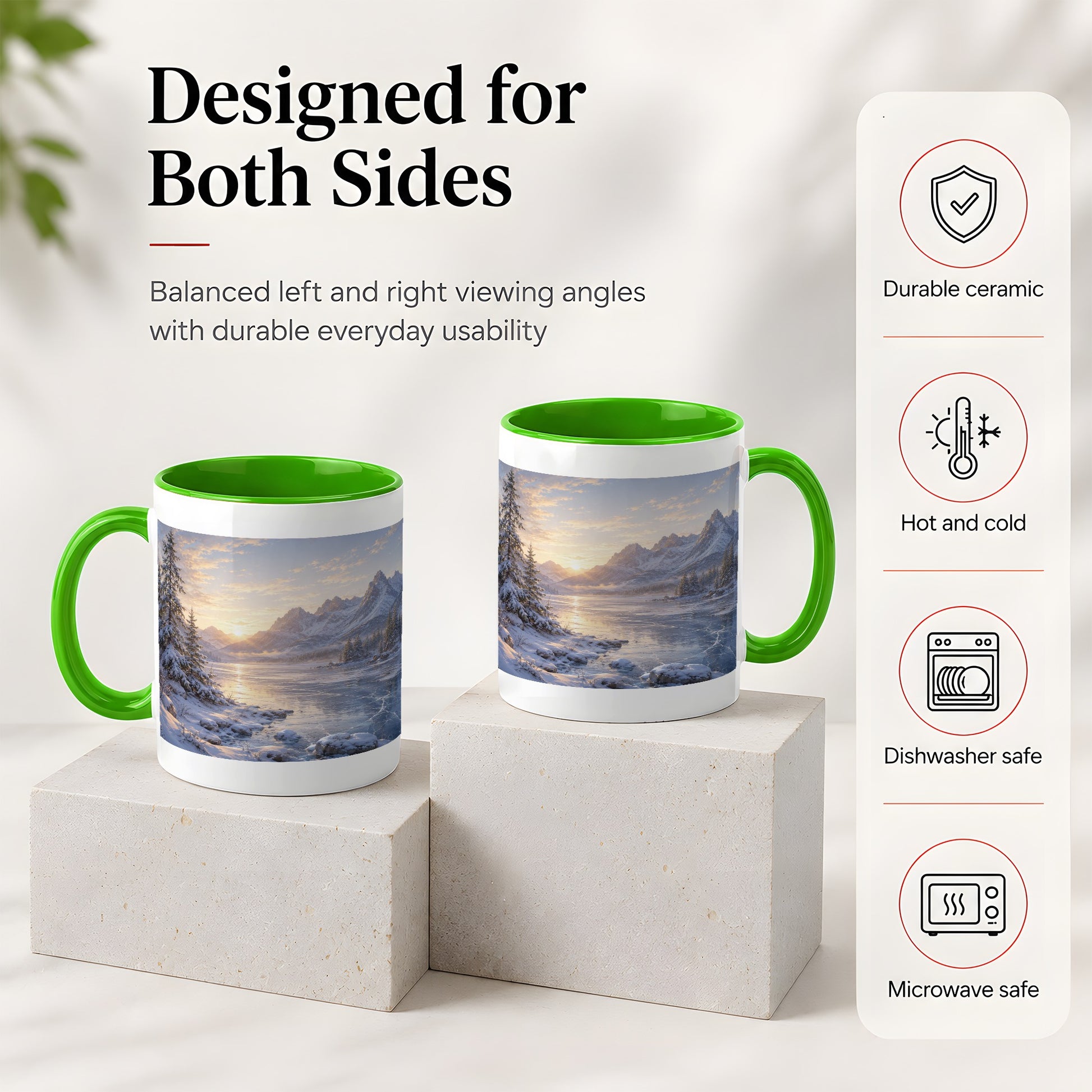 #pl[11oz|Green] Winter Mountain Sunrise Ceramic Mug, Frozen Lake Landscape
