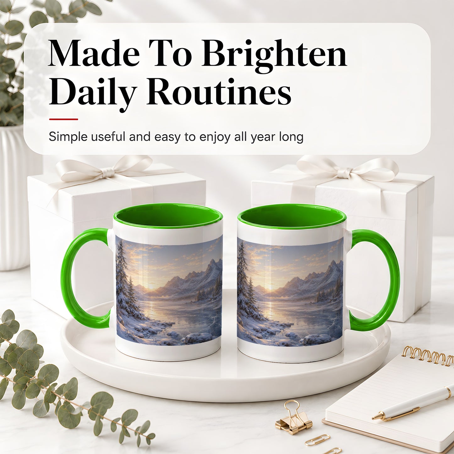 #pl[11oz|Green] Winter Mountain Sunrise Ceramic Mug, Frozen Lake Landscape