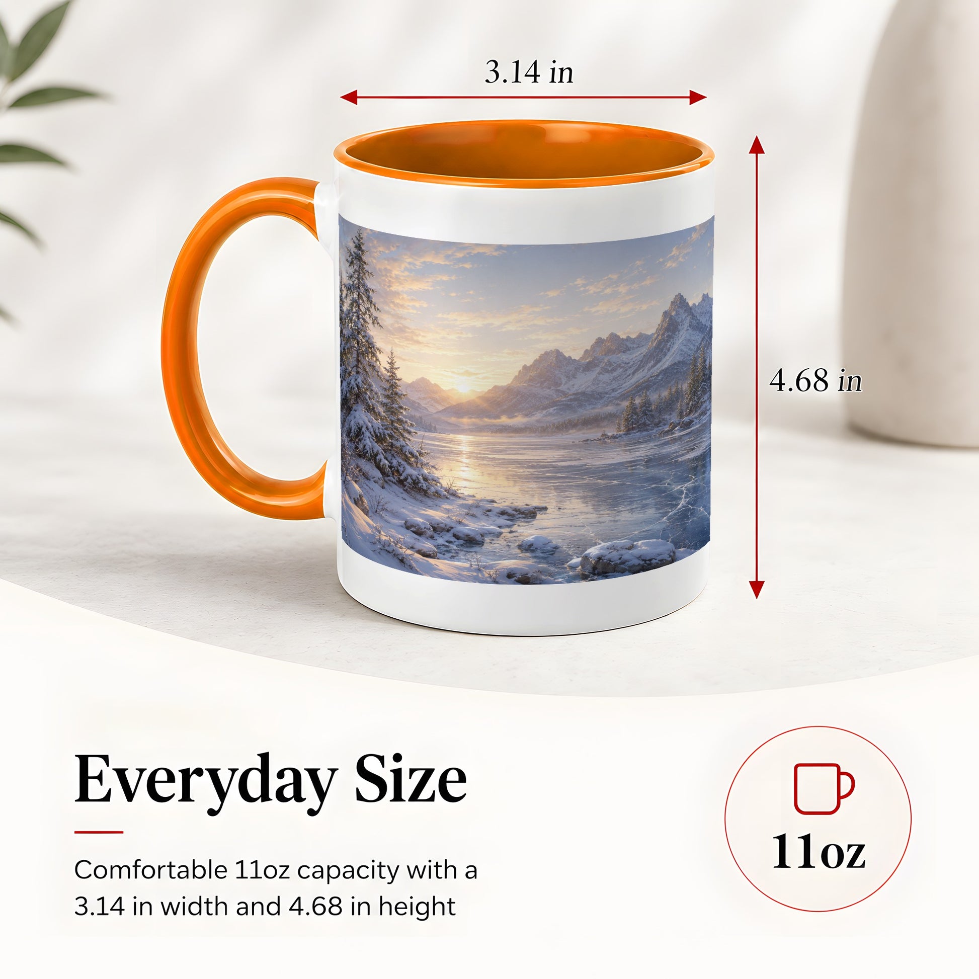 #pl[11oz|Orange] Winter Mountain Sunrise Ceramic Mug, Frozen Lake Landscape