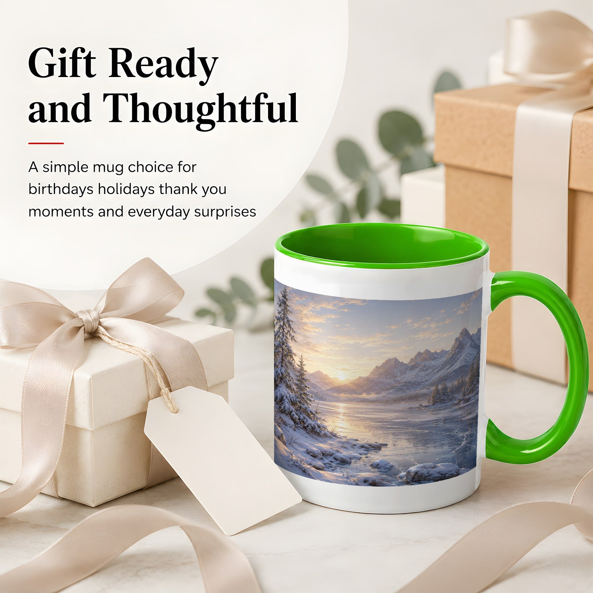 #pl[11oz|Green] Winter Mountain Sunrise Ceramic Mug, Frozen Lake Landscape