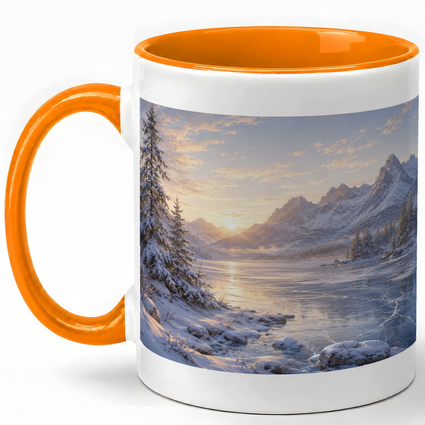 #pl[11oz|Orange] Winter Mountain Sunrise Ceramic Mug, Frozen Lake Landscape