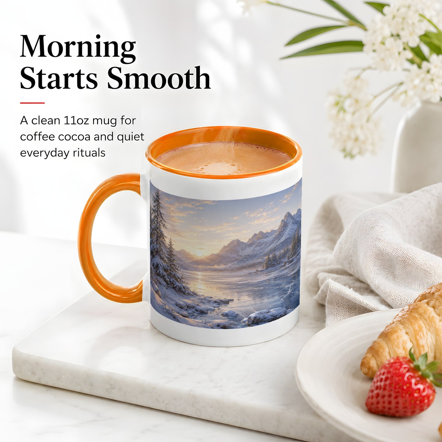 #pl[11oz|Orange] Winter Mountain Sunrise Ceramic Mug, Frozen Lake Landscape