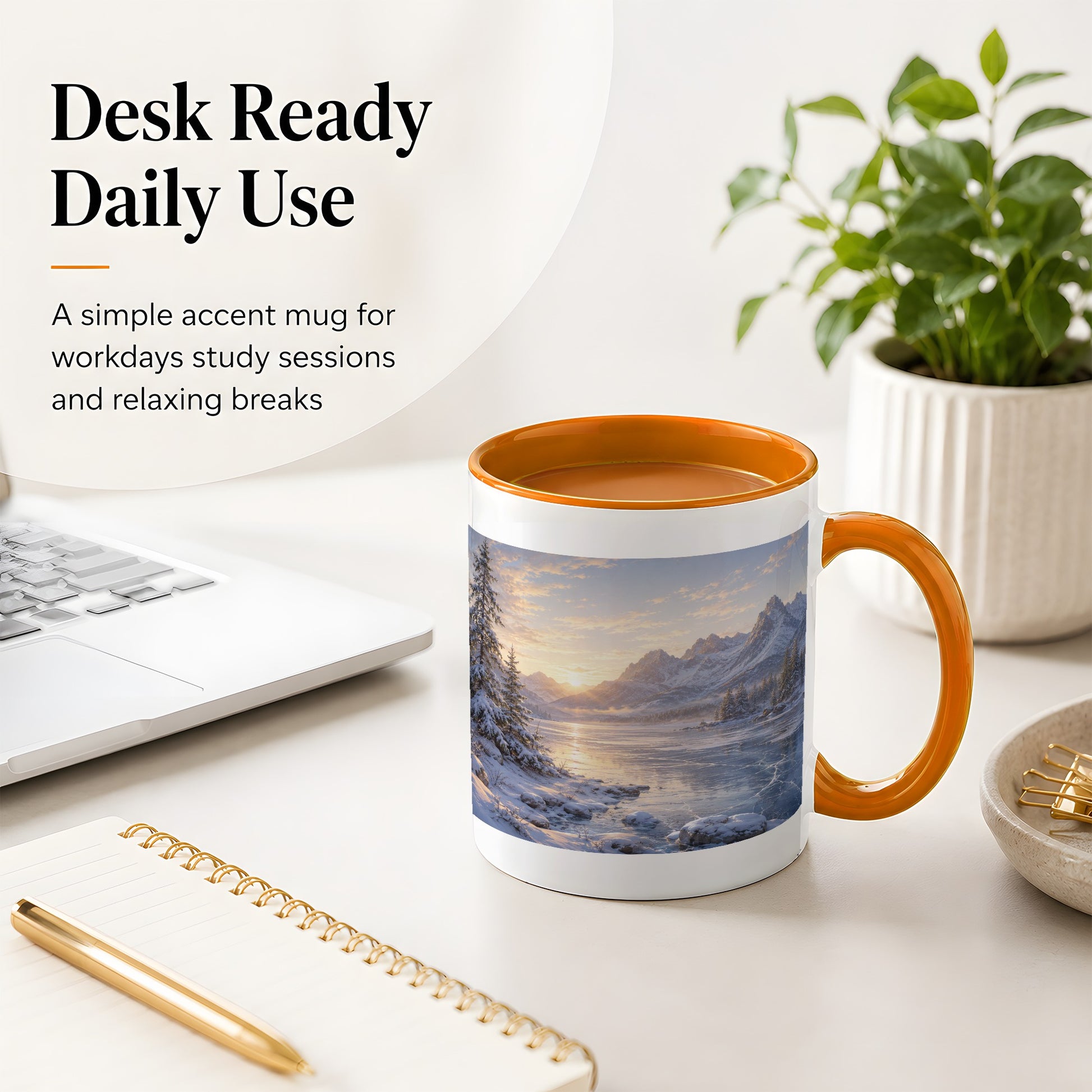 #pl[11oz|Orange] Winter Mountain Sunrise Ceramic Mug, Frozen Lake Landscape