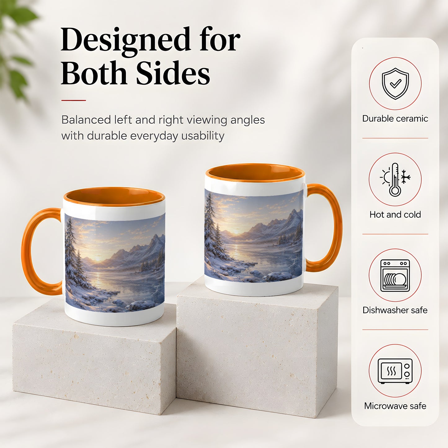 #pl[11oz|Orange] Winter Mountain Sunrise Ceramic Mug, Frozen Lake Landscape