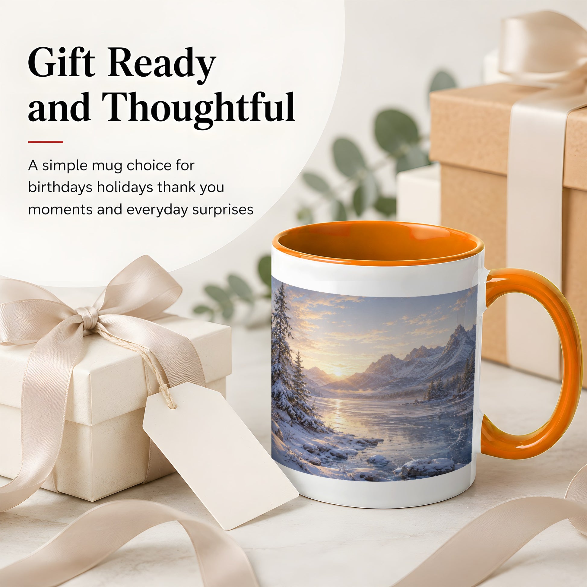 #pl[11oz|Orange] Winter Mountain Sunrise Ceramic Mug, Frozen Lake Landscape