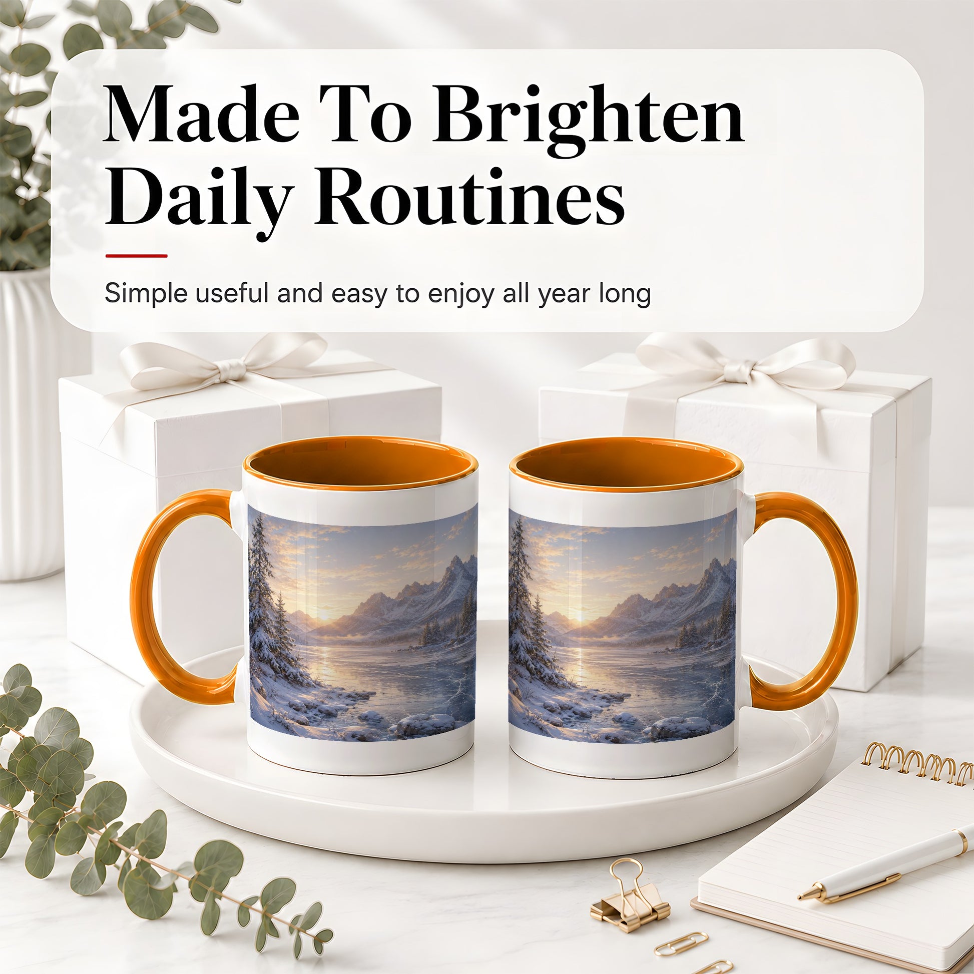 #pl[11oz|Orange] Winter Mountain Sunrise Ceramic Mug, Frozen Lake Landscape