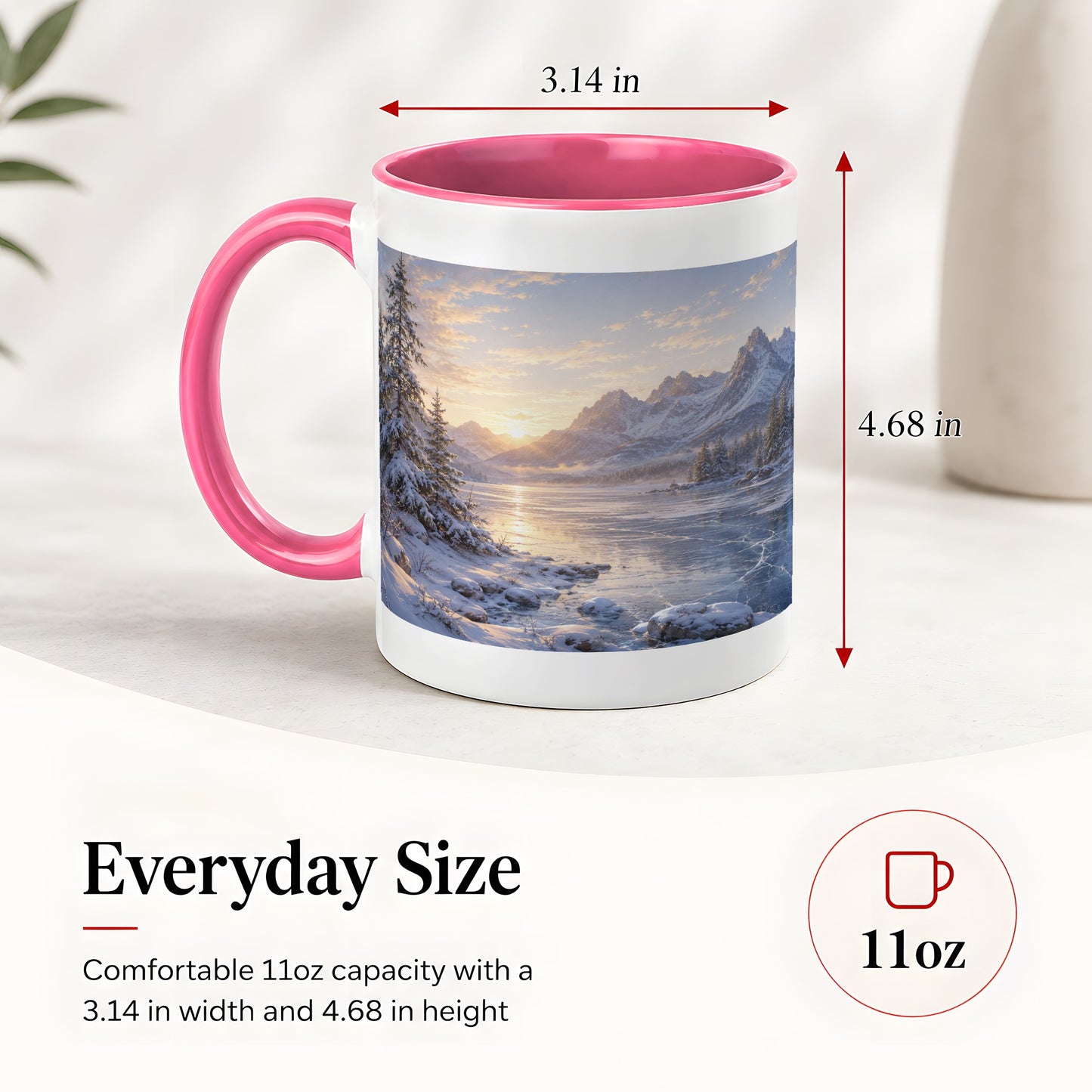#pl[11oz|Pink] Winter Mountain Sunrise Ceramic Mug, Frozen Lake Landscape