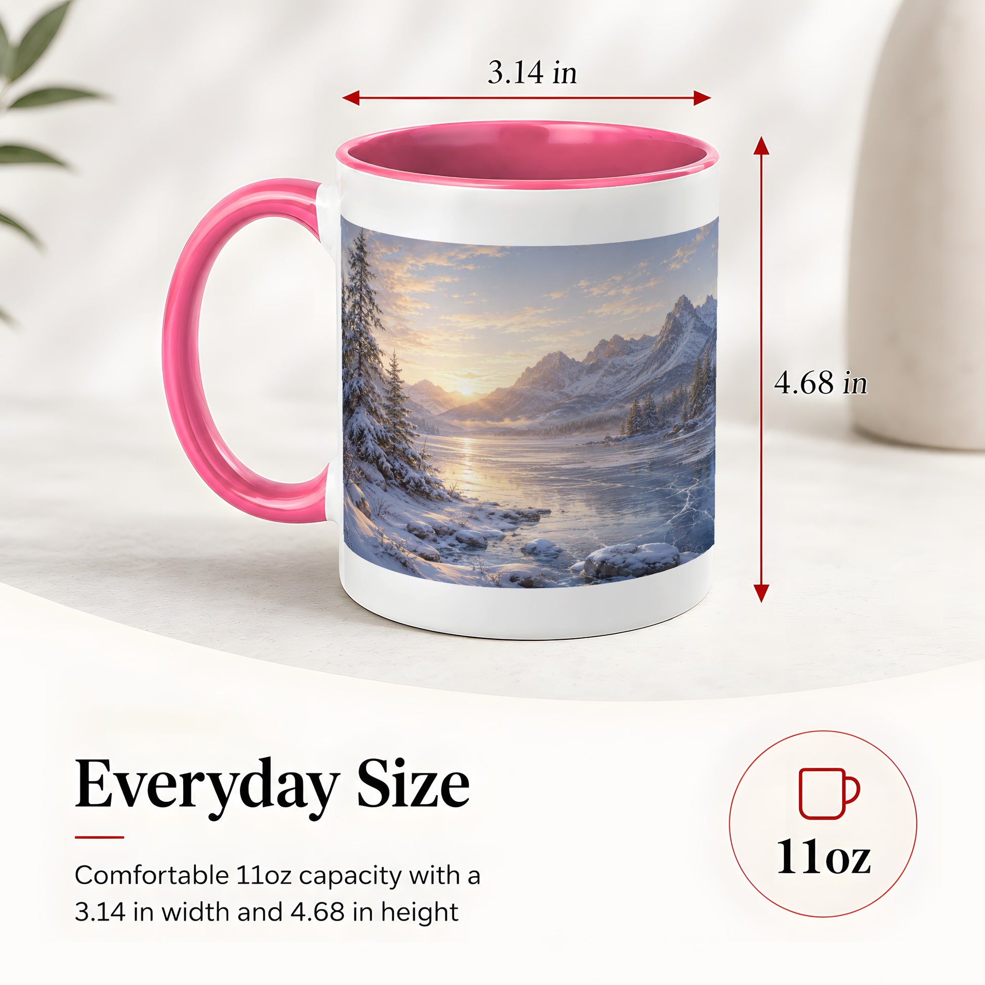 #pl[11oz|Pink] Winter Mountain Sunrise Ceramic Mug, Frozen Lake Landscape