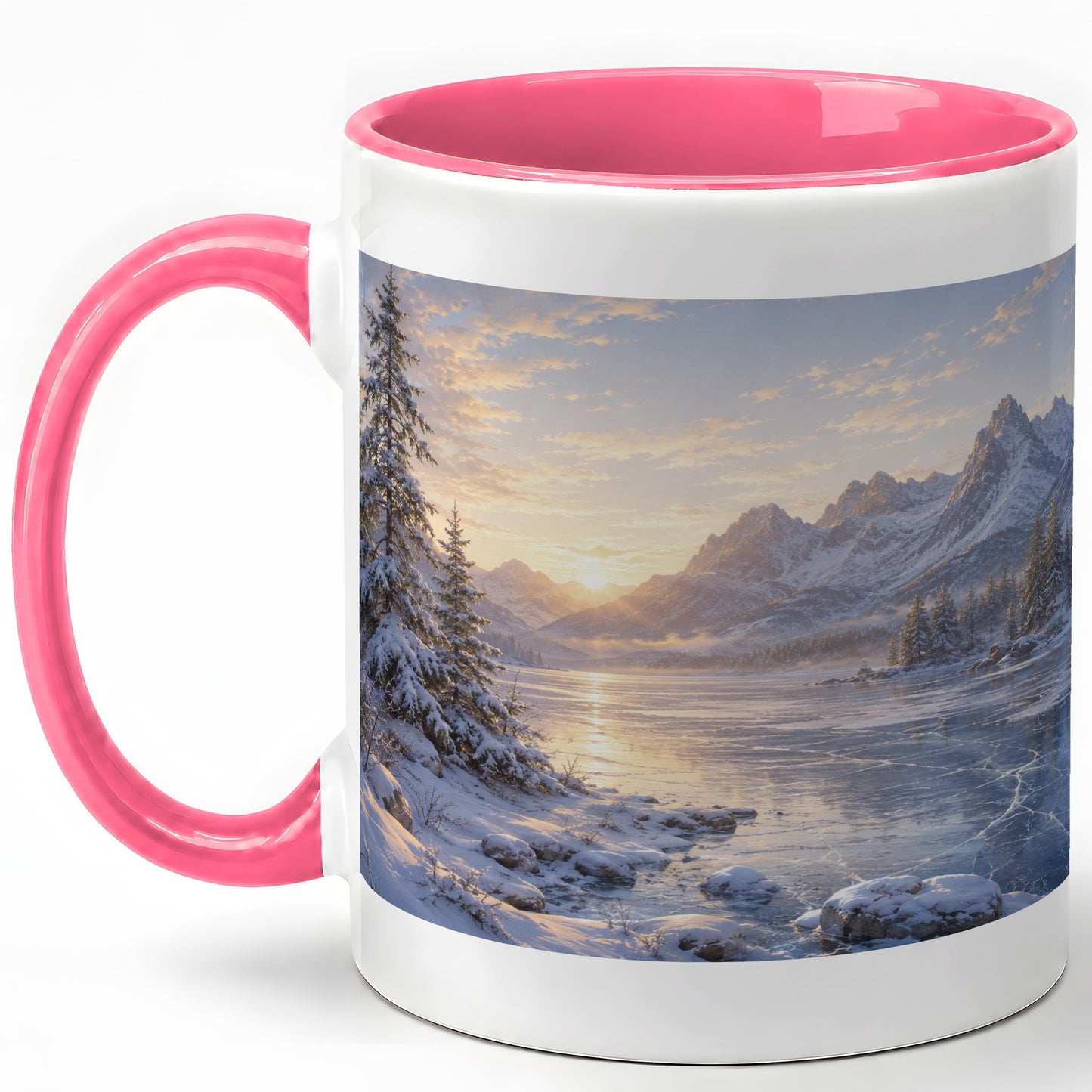 #pl[11oz|Pink] Winter Mountain Sunrise Ceramic Mug, Frozen Lake Landscape