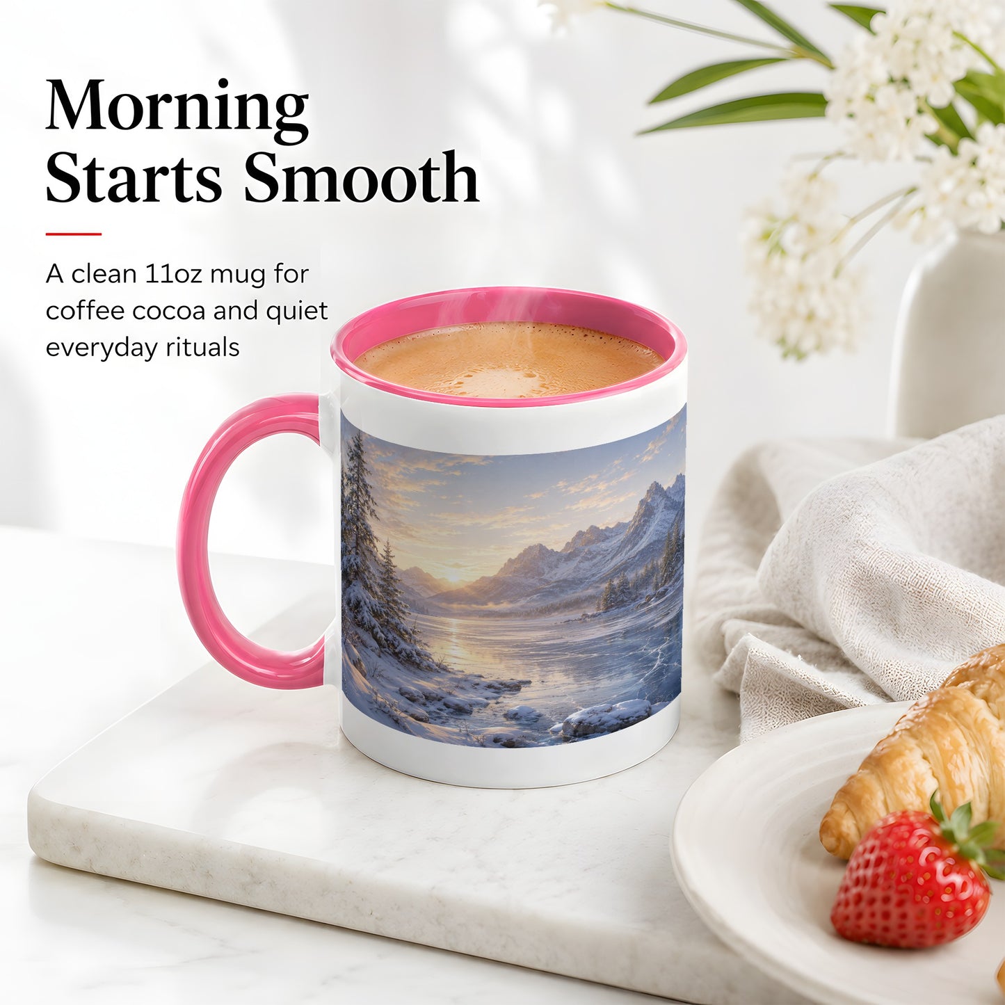 #pl[11oz|Pink] Winter Mountain Sunrise Ceramic Mug, Frozen Lake Landscape