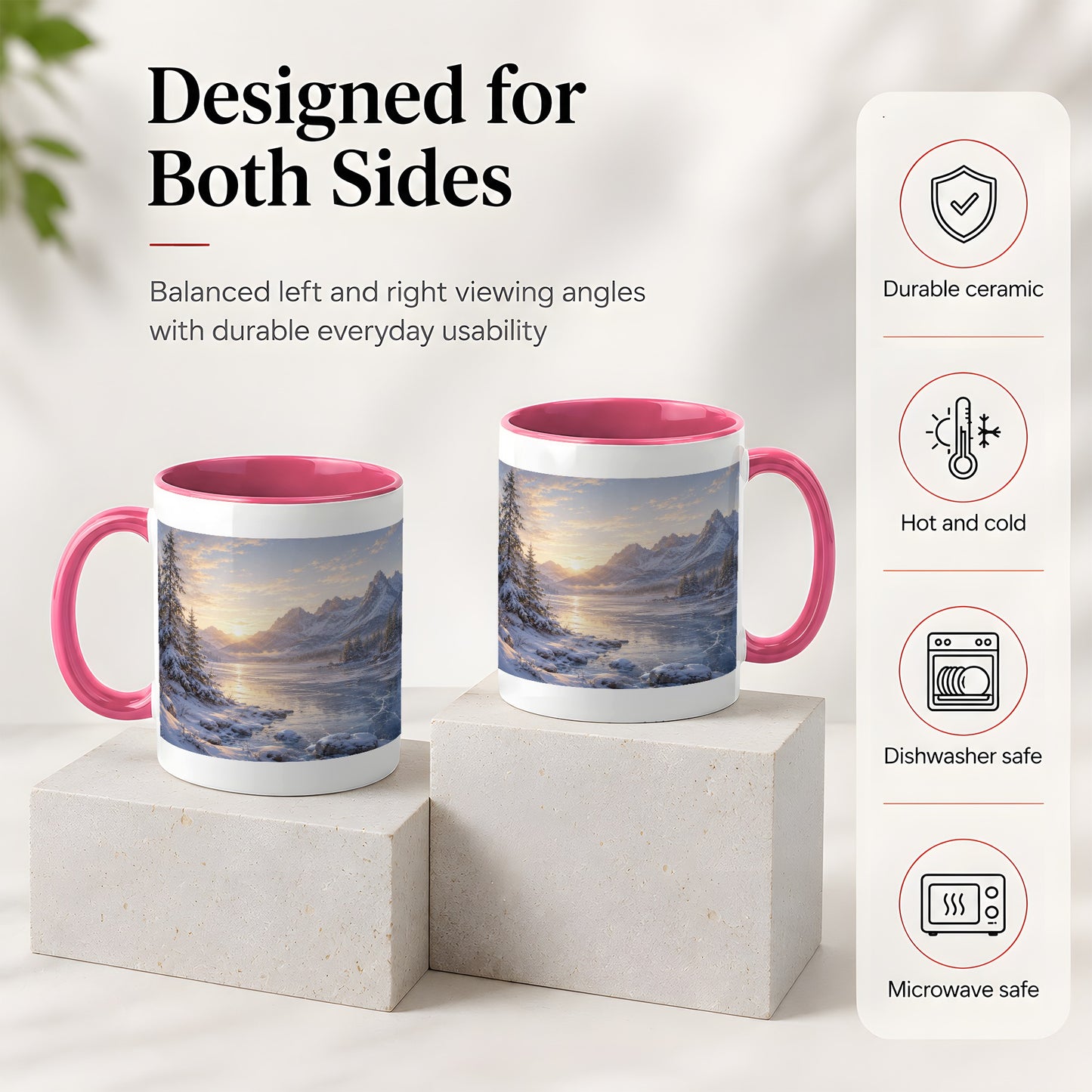 #pl[11oz|Pink] Winter Mountain Sunrise Ceramic Mug, Frozen Lake Landscape