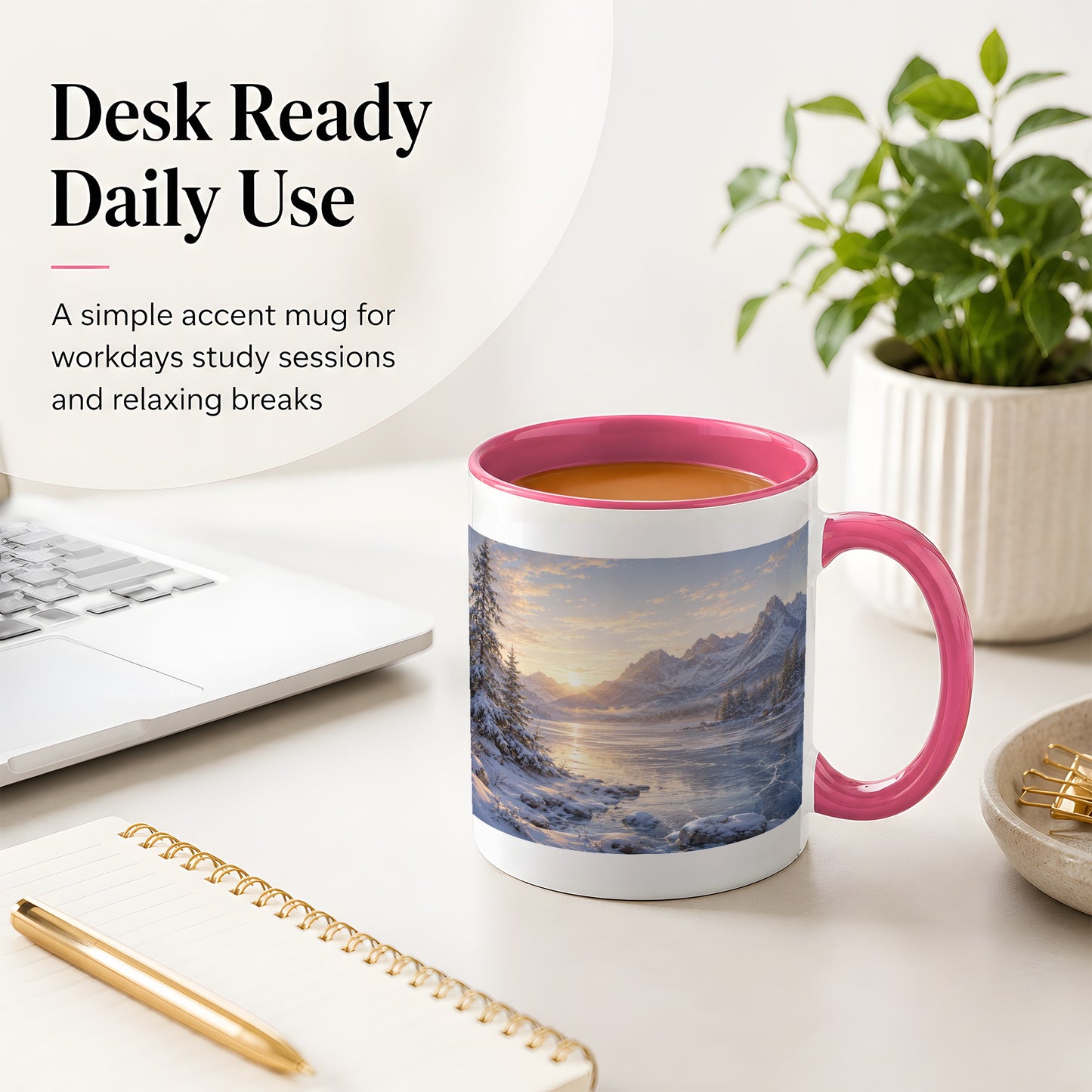 #pl[11oz|Pink] Winter Mountain Sunrise Ceramic Mug, Frozen Lake Landscape