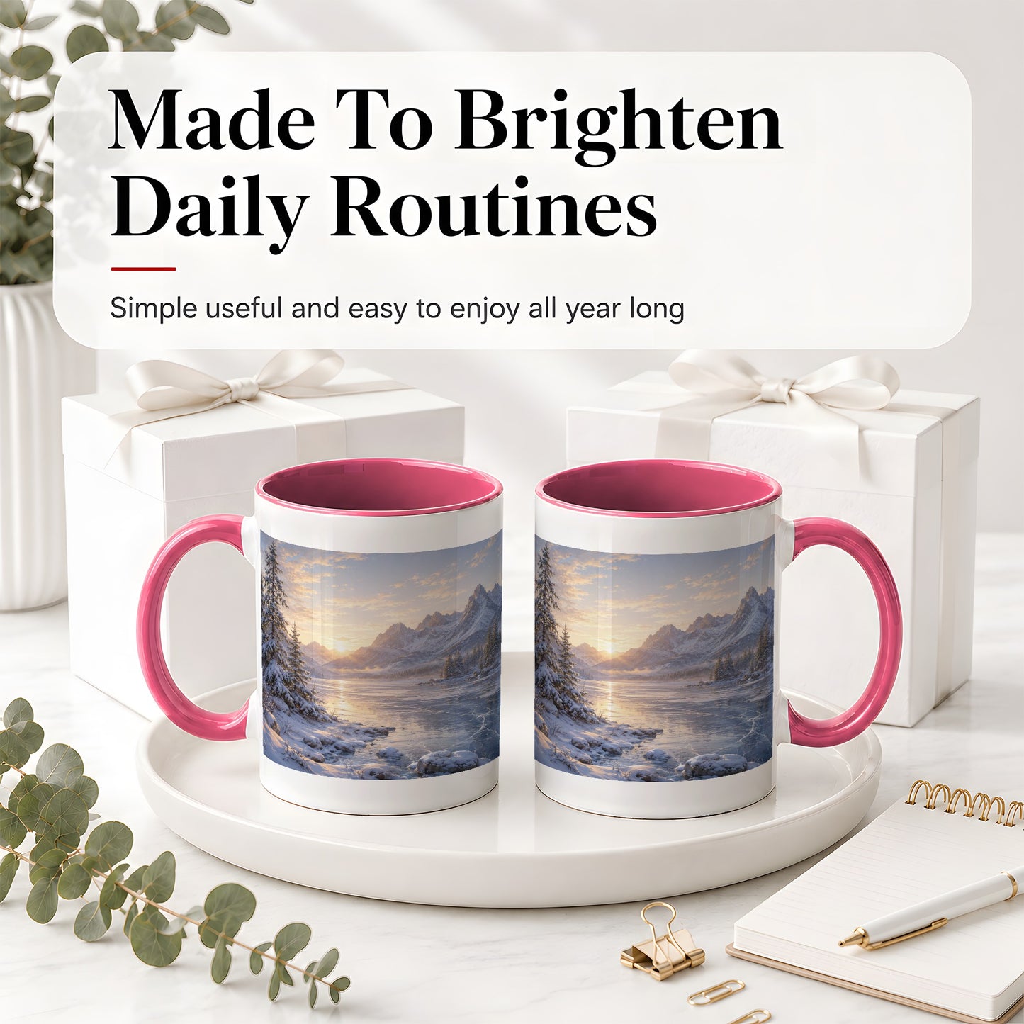 #pl[11oz|Pink] Winter Mountain Sunrise Ceramic Mug, Frozen Lake Landscape