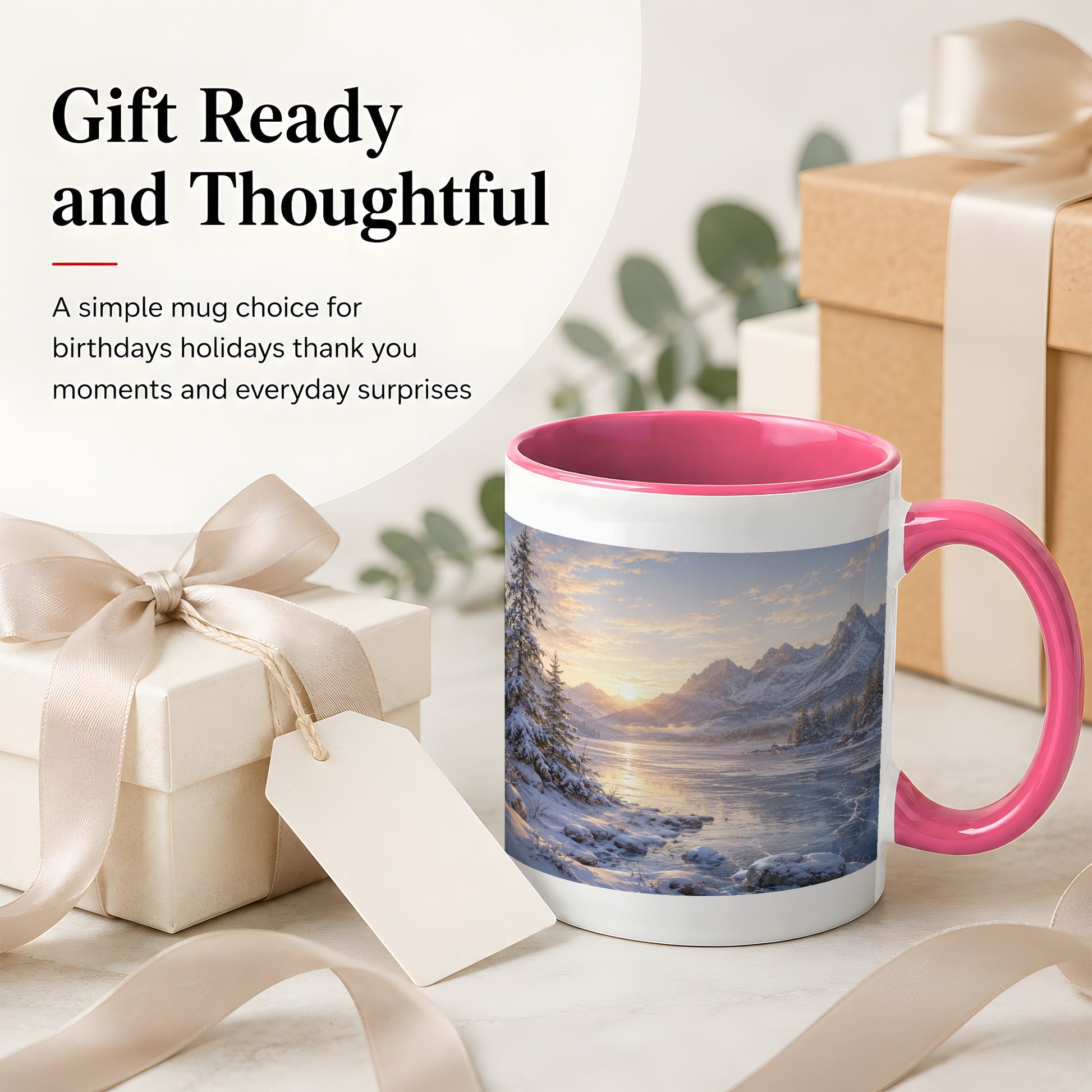 #pl[11oz|Pink] Winter Mountain Sunrise Ceramic Mug, Frozen Lake Landscape
