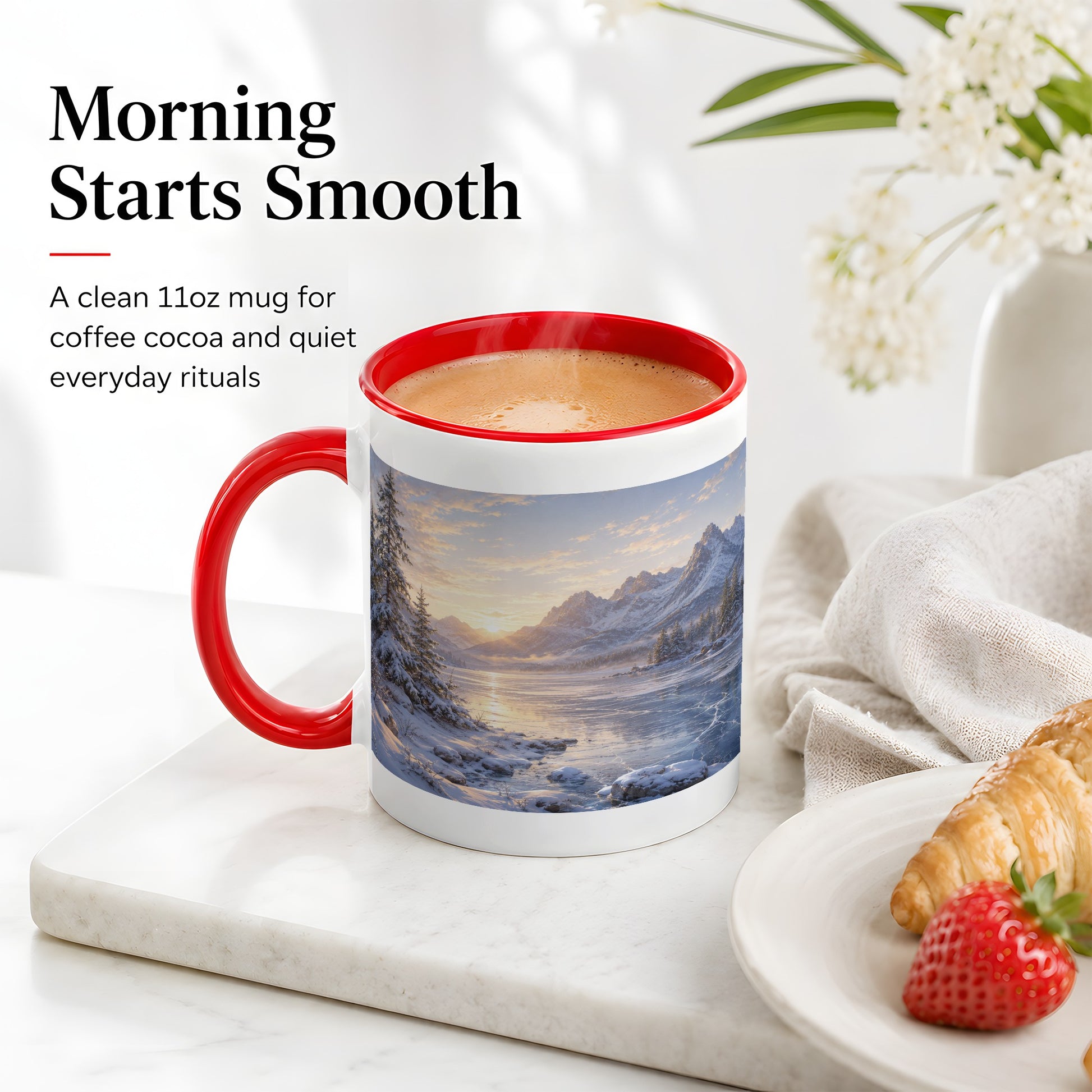 #pl[11oz|Red] Winter Mountain Sunrise Ceramic Mug, Frozen Lake Landscape