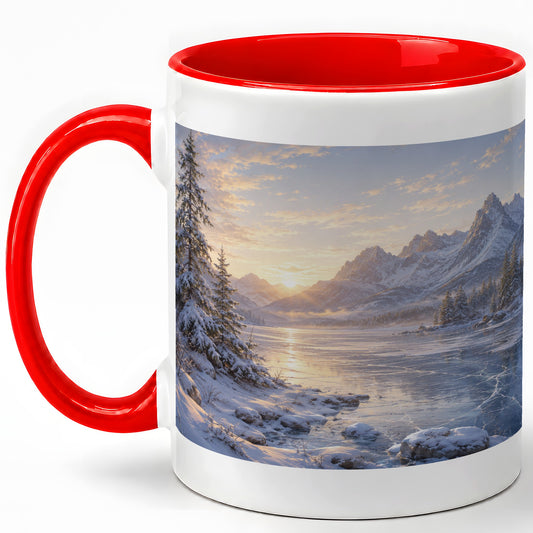 Winter Mountain Sunrise Ceramic Mug, Frozen Lake Landscape