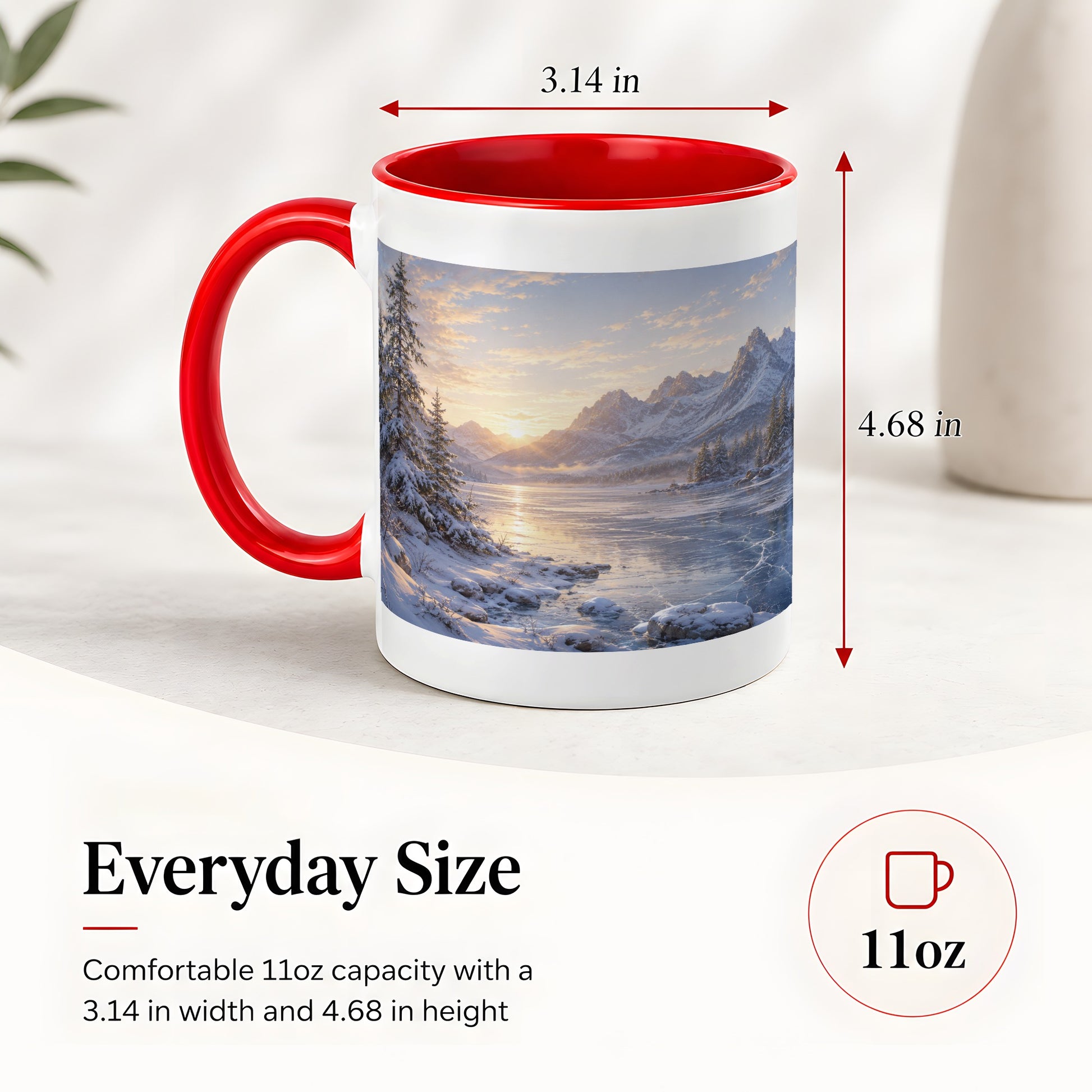 #pl[11oz|Red] Winter Mountain Sunrise Ceramic Mug, Frozen Lake Landscape
