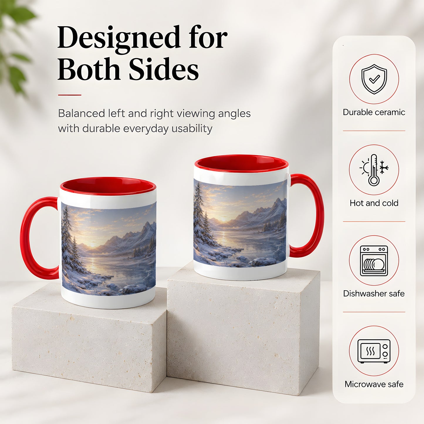 #pl[11oz|Red] Winter Mountain Sunrise Ceramic Mug, Frozen Lake Landscape