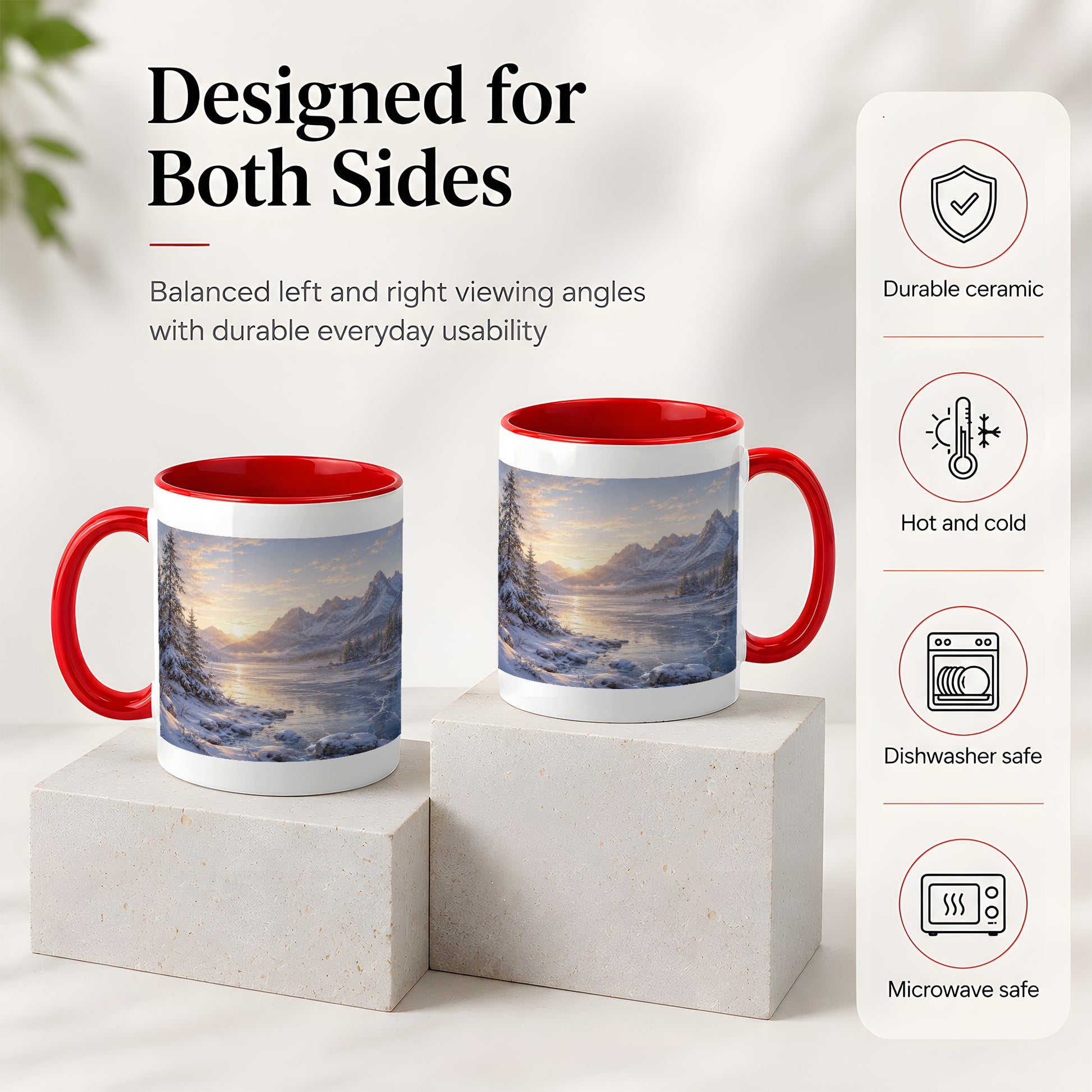 #pl[11oz|Red] Winter Mountain Sunrise Ceramic Mug, Frozen Lake Landscape