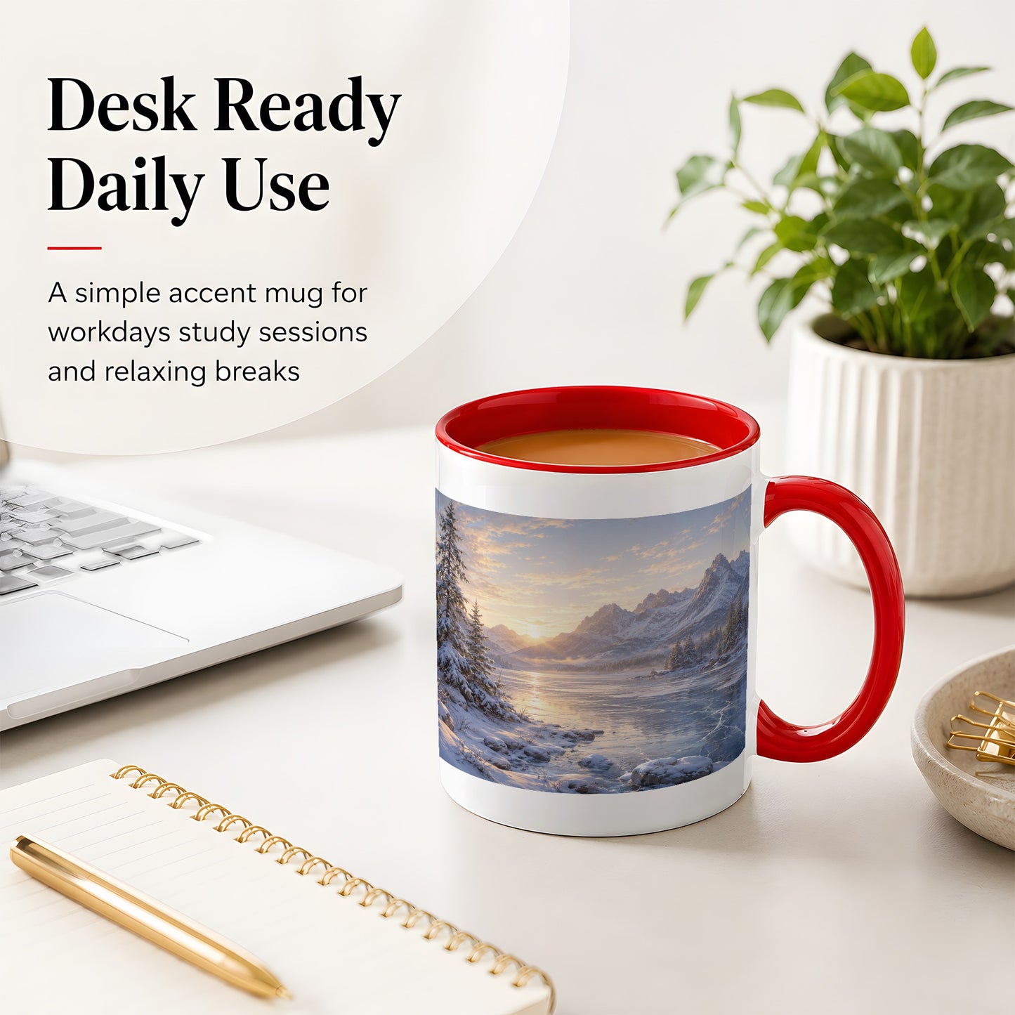 #pl[11oz|Red] Winter Mountain Sunrise Ceramic Mug, Frozen Lake Landscape