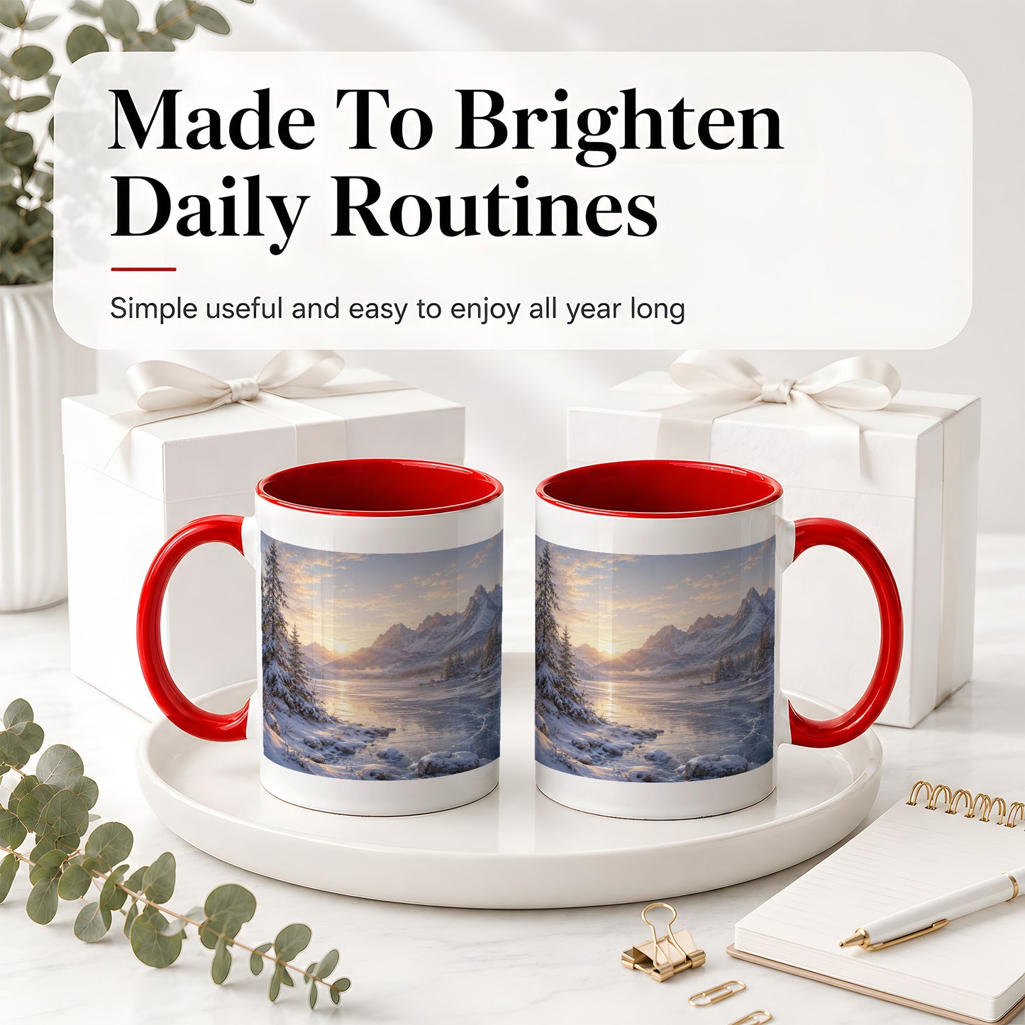 #pl[11oz|Red] Winter Mountain Sunrise Ceramic Mug, Frozen Lake Landscape