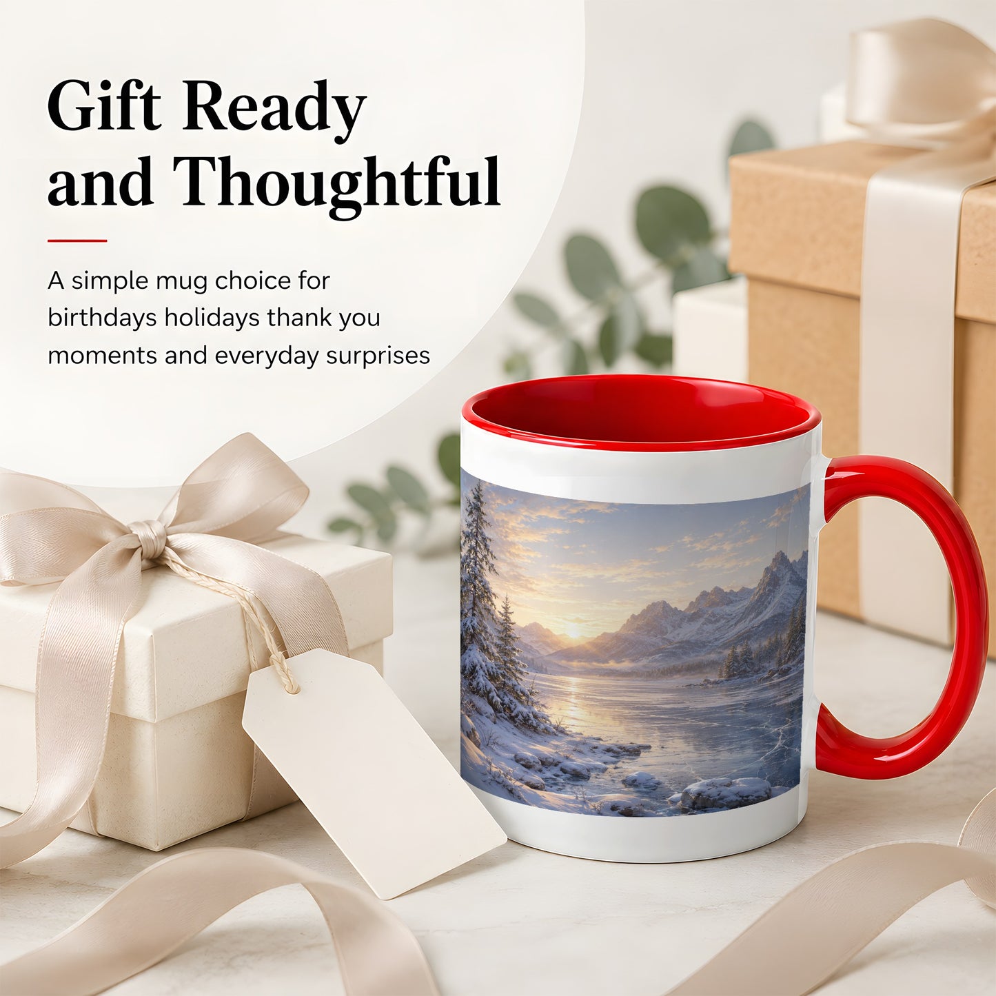 #pl[11oz|Red] Winter Mountain Sunrise Ceramic Mug, Frozen Lake Landscape