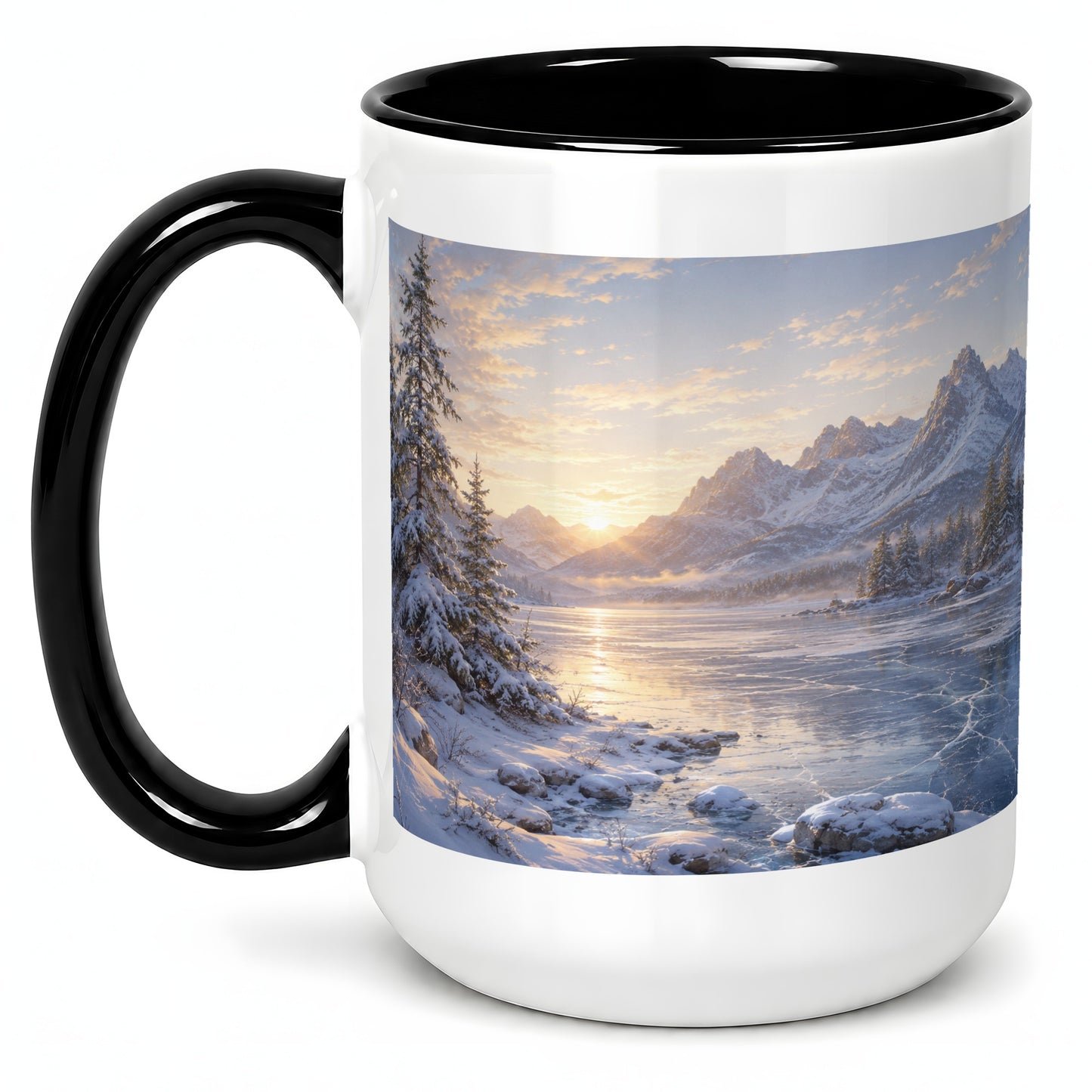 #pl[15oz|Black] Winter Mountain Sunrise Ceramic Mug, Frozen Lake Landscape