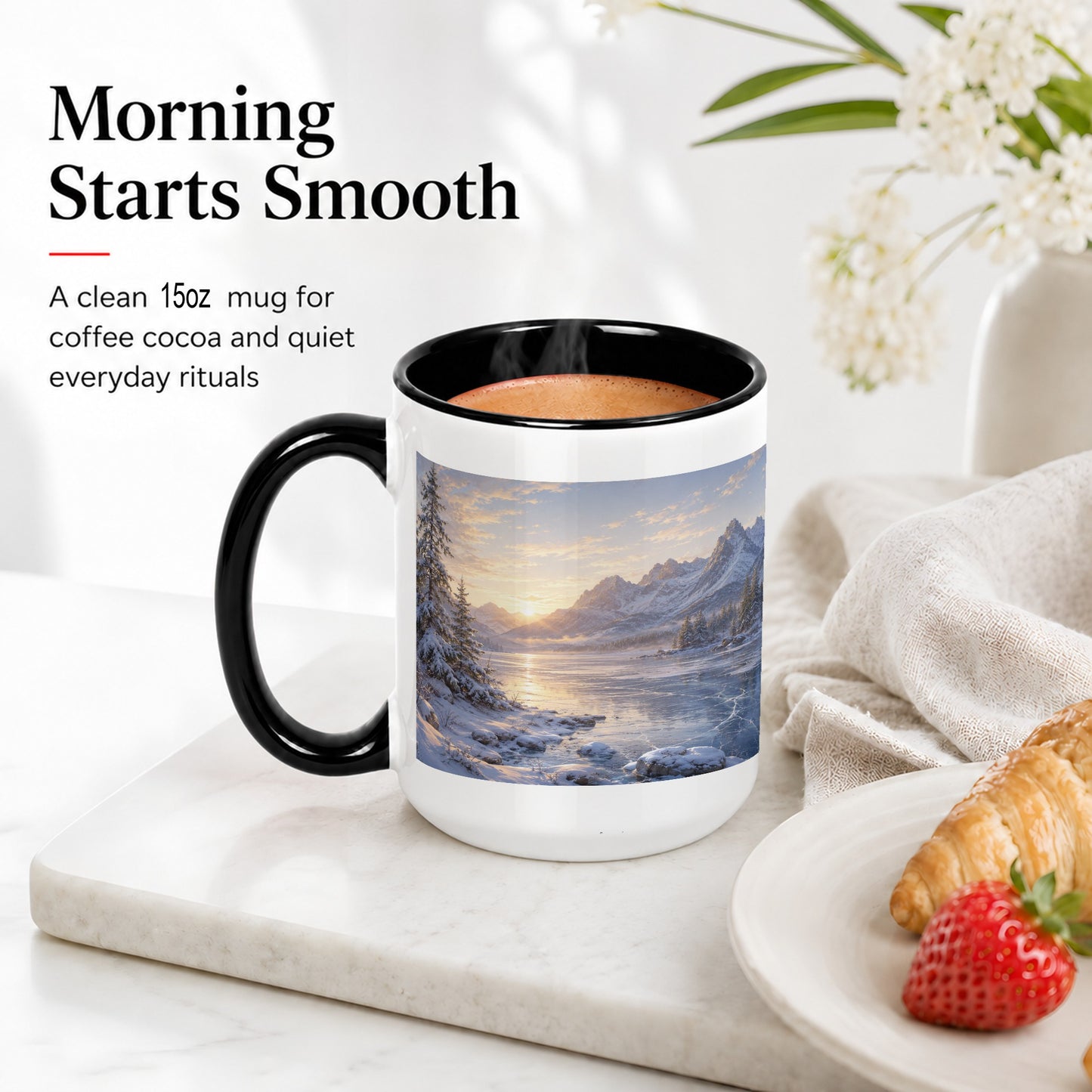 #pl[15oz|Black] Winter Mountain Sunrise Ceramic Mug, Frozen Lake Landscape