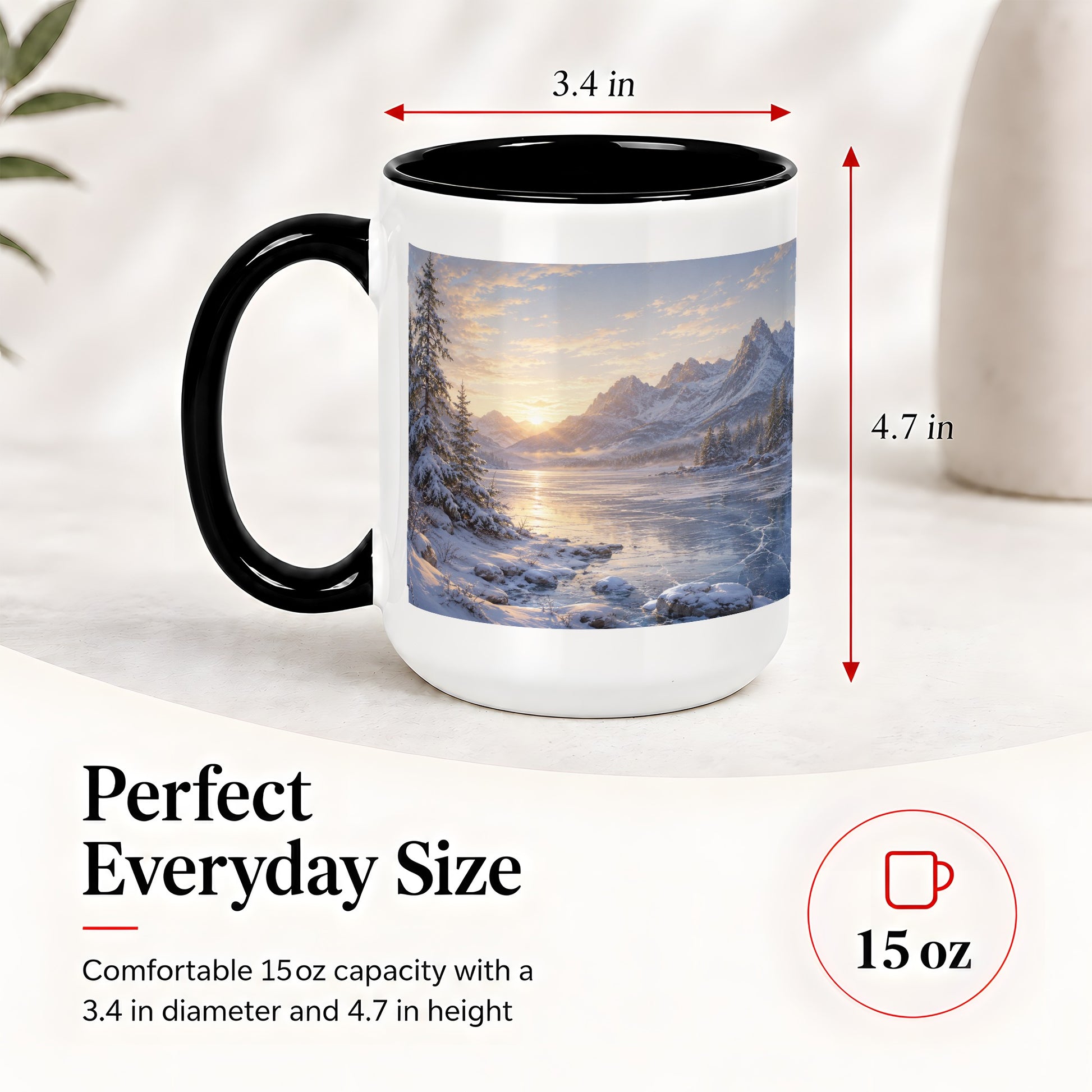 #pl[15oz|Black] Winter Mountain Sunrise Ceramic Mug, Frozen Lake Landscape