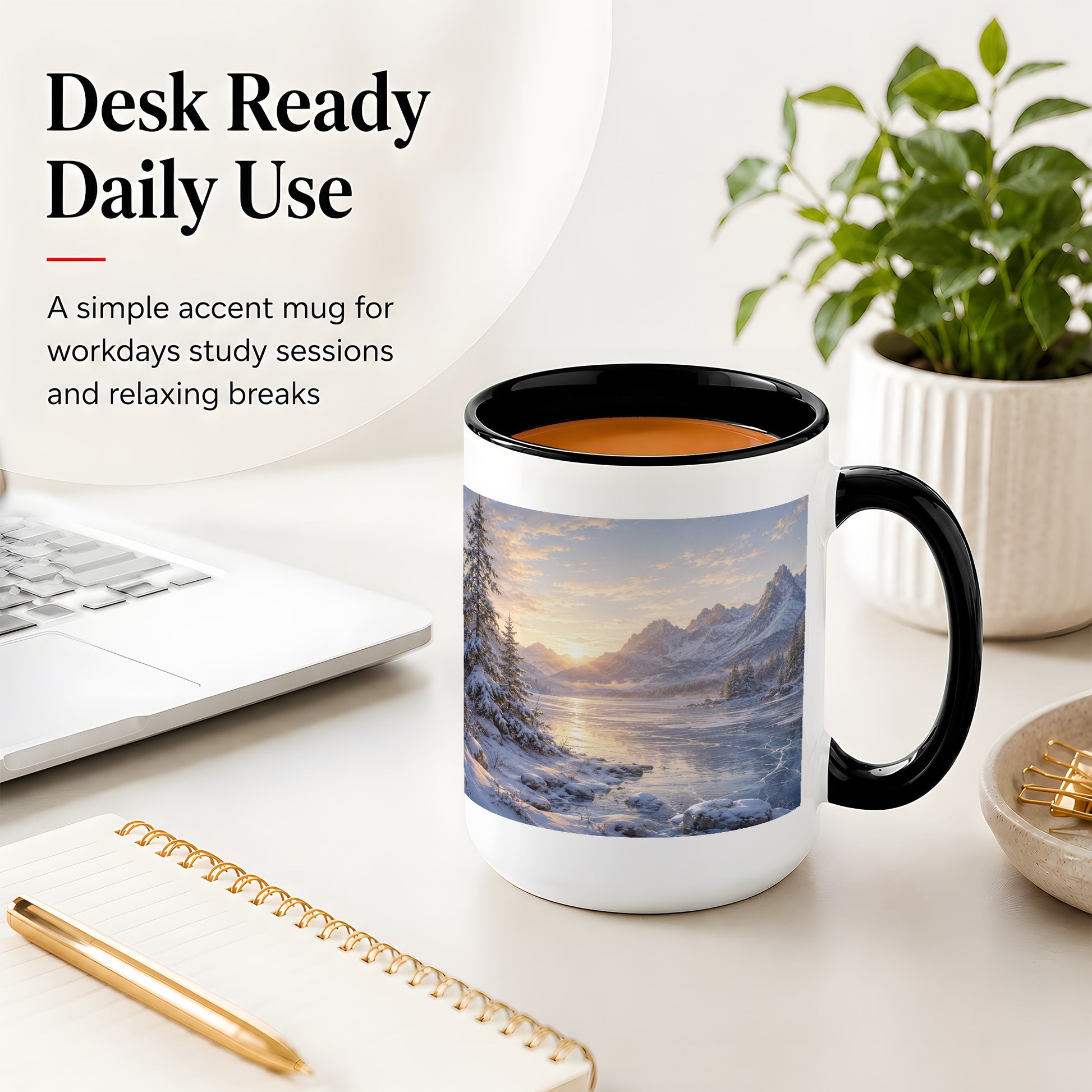 #pl[15oz|Black] Winter Mountain Sunrise Ceramic Mug, Frozen Lake Landscape