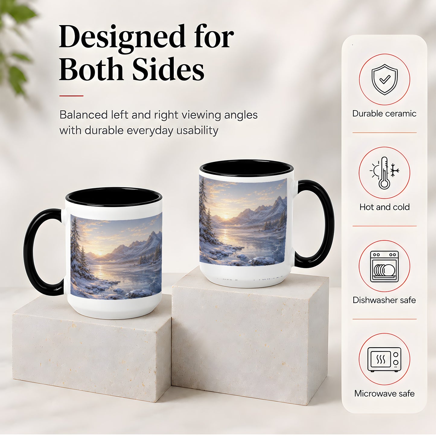 #pl[15oz|Black] Winter Mountain Sunrise Ceramic Mug, Frozen Lake Landscape