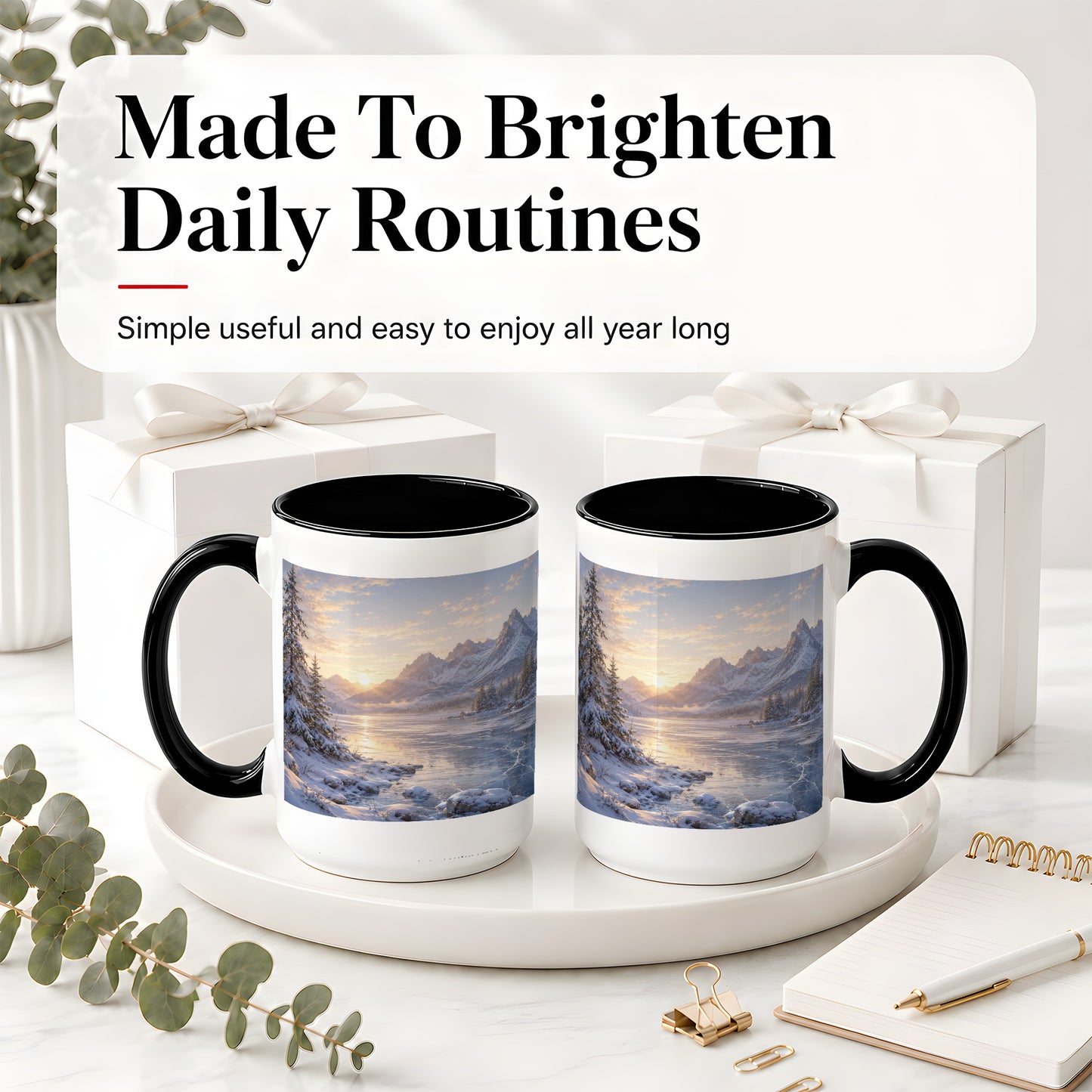 #pl[15oz|Black] Winter Mountain Sunrise Ceramic Mug, Frozen Lake Landscape