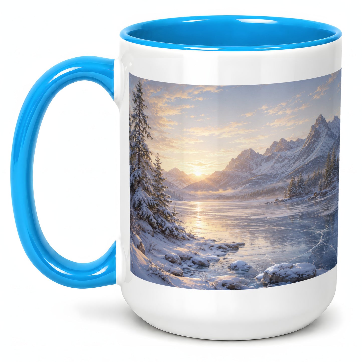 #pl[15oz|Blue] Winter Mountain Sunrise Ceramic Mug, Frozen Lake Landscape