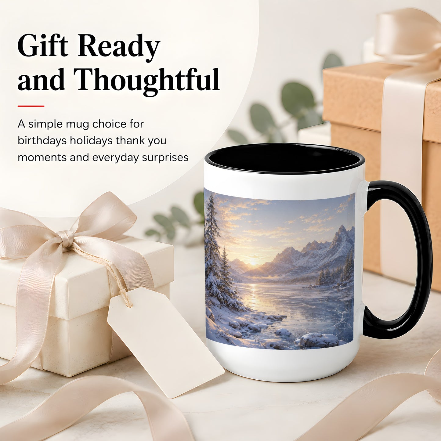 #pl[15oz|Black] Winter Mountain Sunrise Ceramic Mug, Frozen Lake Landscape