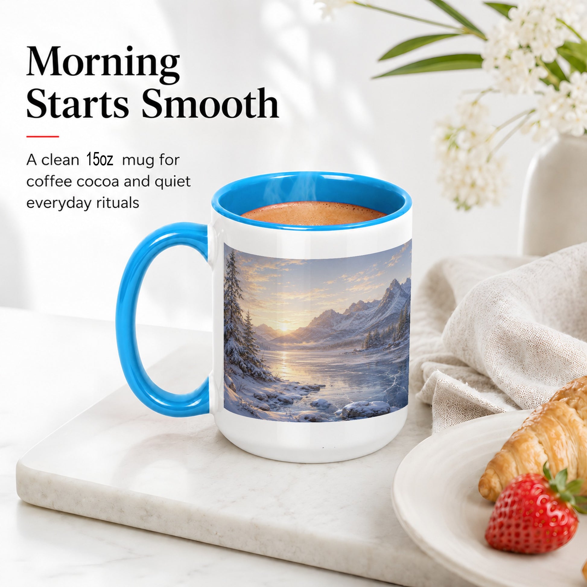 #pl[15oz|Blue] Winter Mountain Sunrise Ceramic Mug, Frozen Lake Landscape