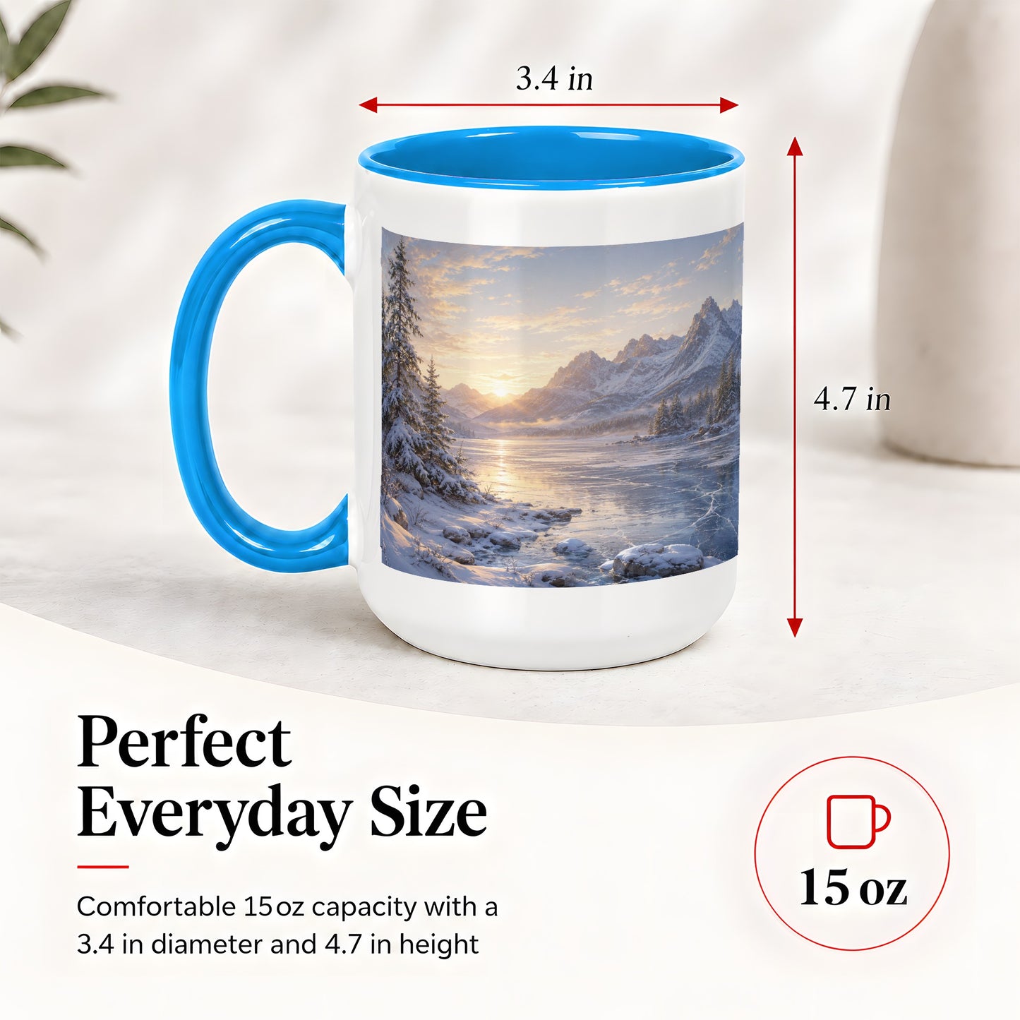 #pl[15oz|Blue] Winter Mountain Sunrise Ceramic Mug, Frozen Lake Landscape