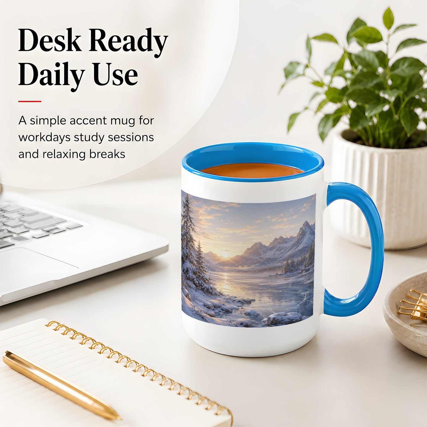 #pl[15oz|Blue] Winter Mountain Sunrise Ceramic Mug, Frozen Lake Landscape