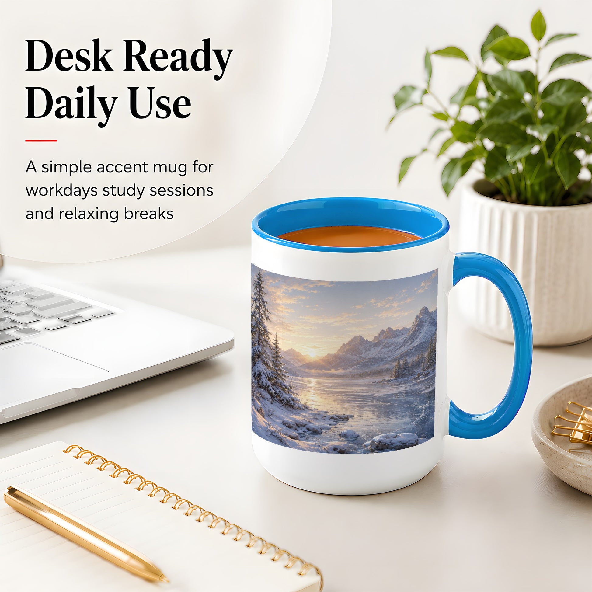 #pl[15oz|Blue] Winter Mountain Sunrise Ceramic Mug, Frozen Lake Landscape