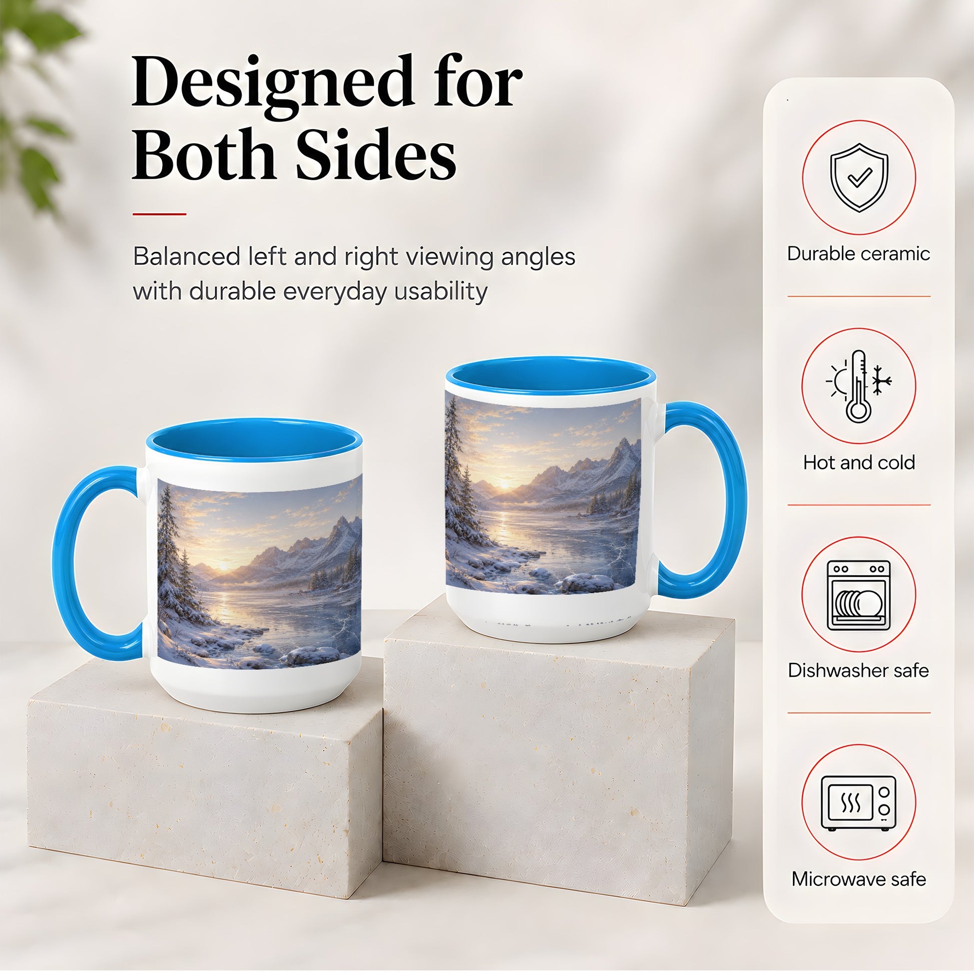#pl[15oz|Blue] Winter Mountain Sunrise Ceramic Mug, Frozen Lake Landscape