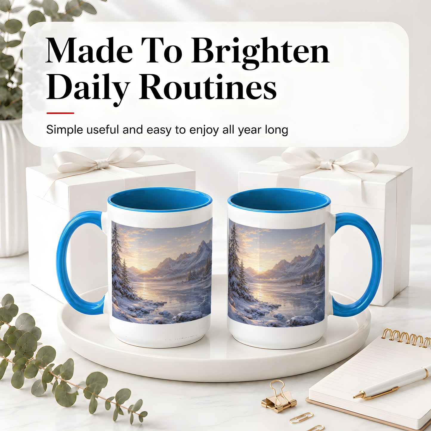 #pl[15oz|Blue] Winter Mountain Sunrise Ceramic Mug, Frozen Lake Landscape