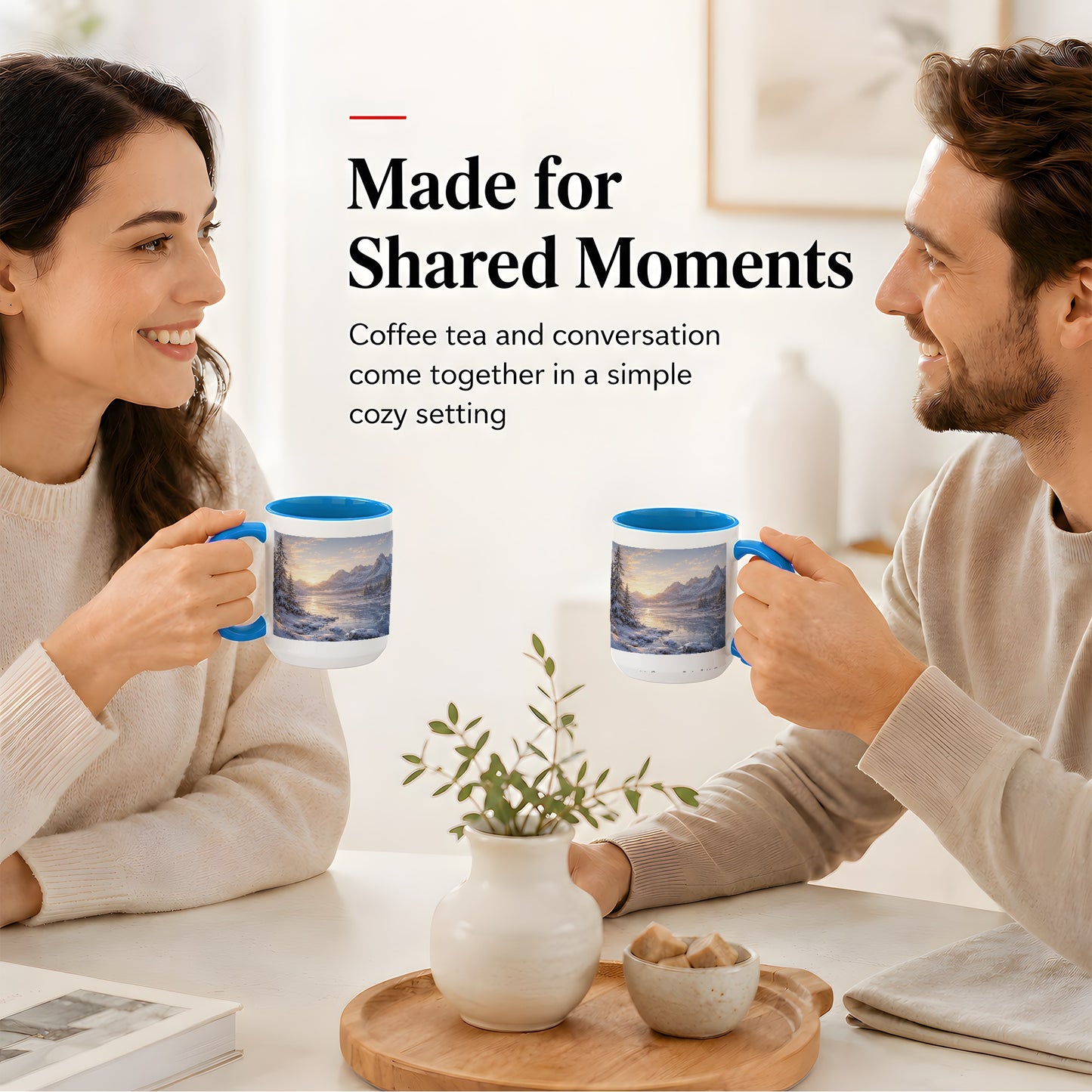 #pl[15oz|Blue] Winter Mountain Sunrise Ceramic Mug, Frozen Lake Landscape