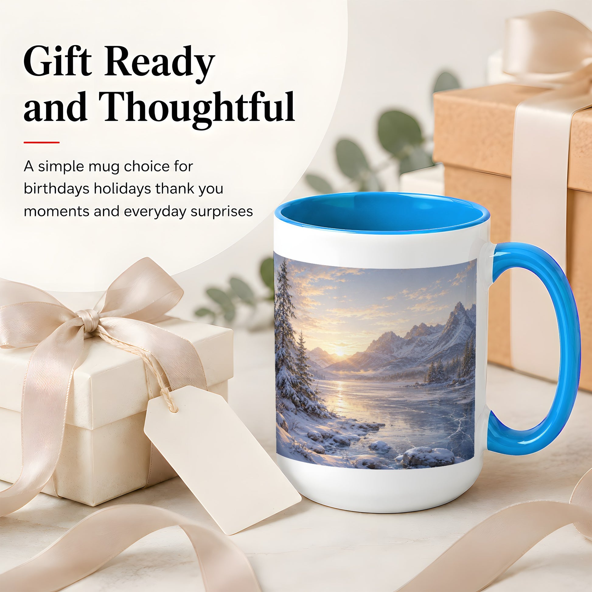 #pl[15oz|Blue] Winter Mountain Sunrise Ceramic Mug, Frozen Lake Landscape