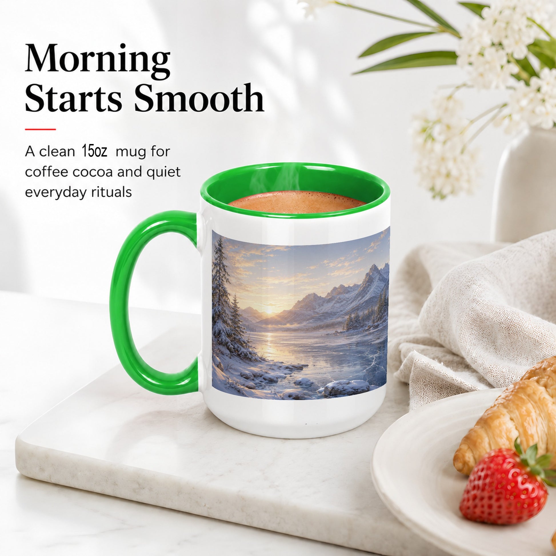 #pl[15oz|Green] Winter Mountain Sunrise Ceramic Mug, Frozen Lake Landscape